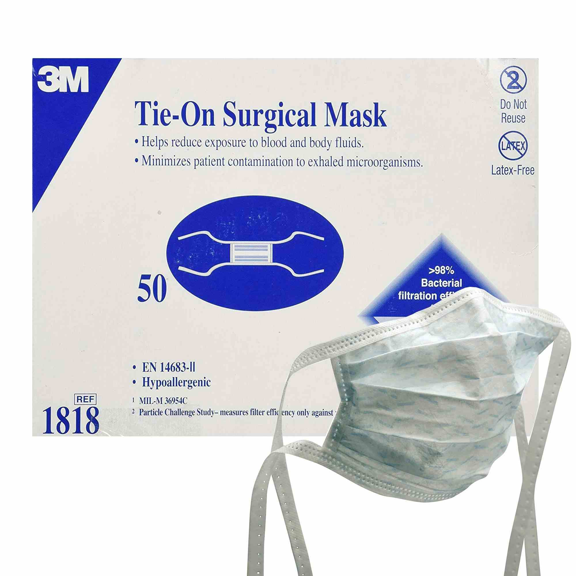 3M Tie-On Surgical Mask, 1818, Box of 50