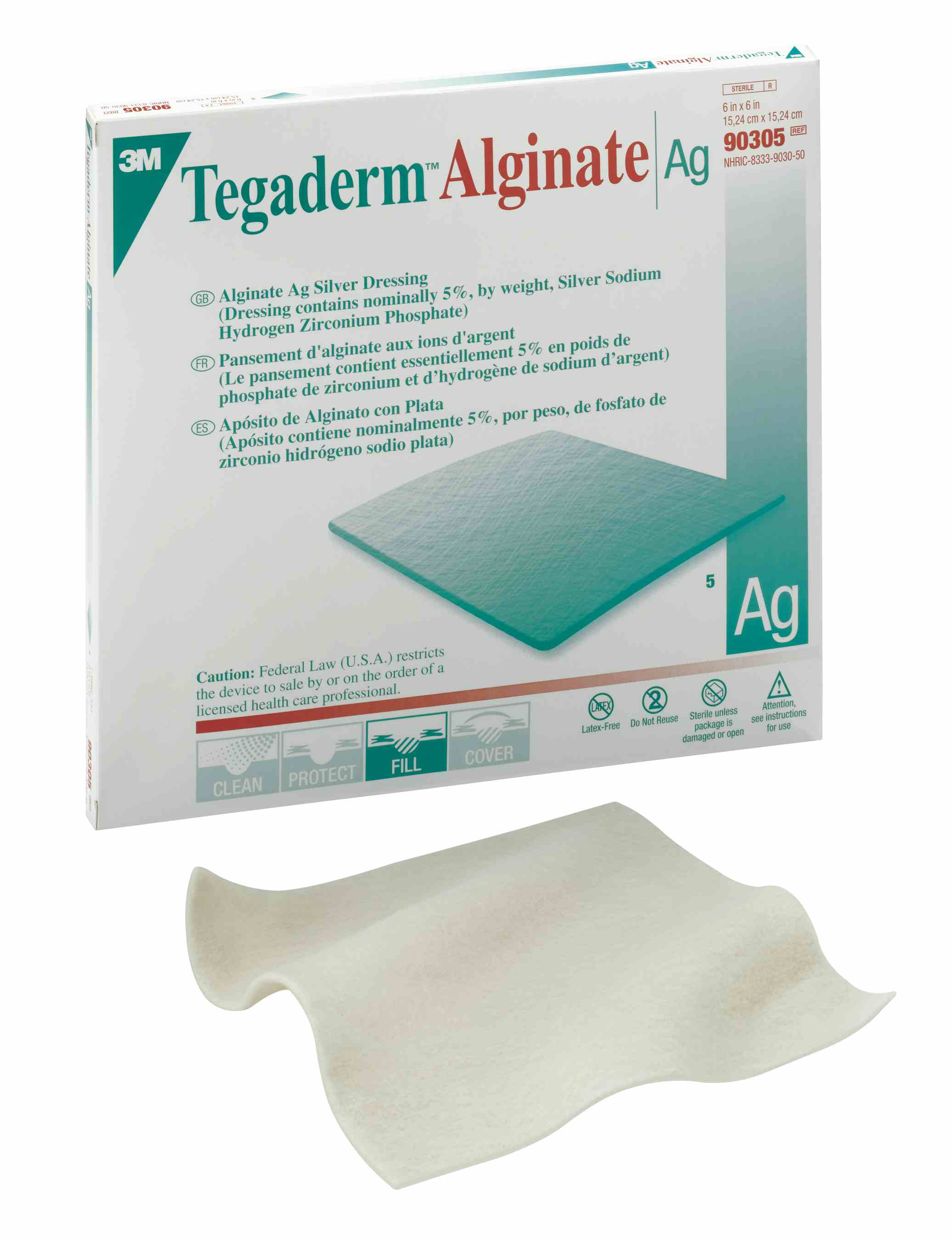 3M Tegaderm Alginate Ag Silver Dressing, 6 X 6", 90305, Box of 5