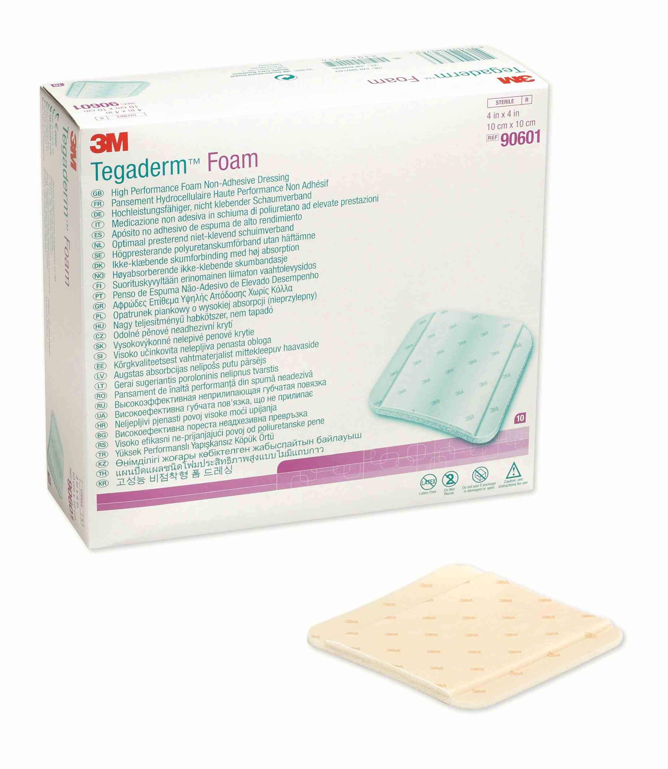 3M Tegaderm Foam High Performance Foam Non-Adhesive Dressing, 4 X 4", 90601, Box of 10