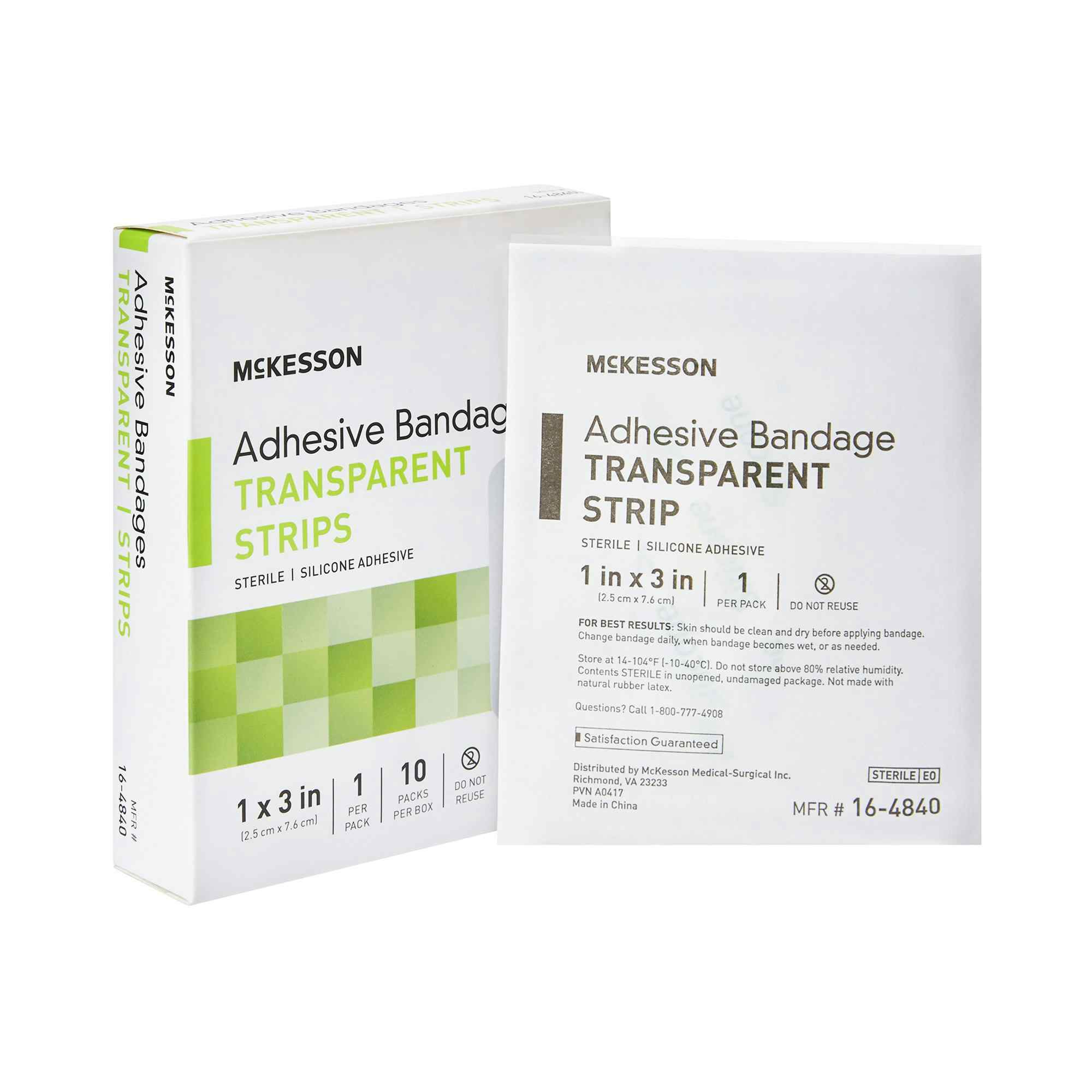 McKesson Transparent Adhesive Bandage Strips. 1 X 3", 16-4840, Box of 10