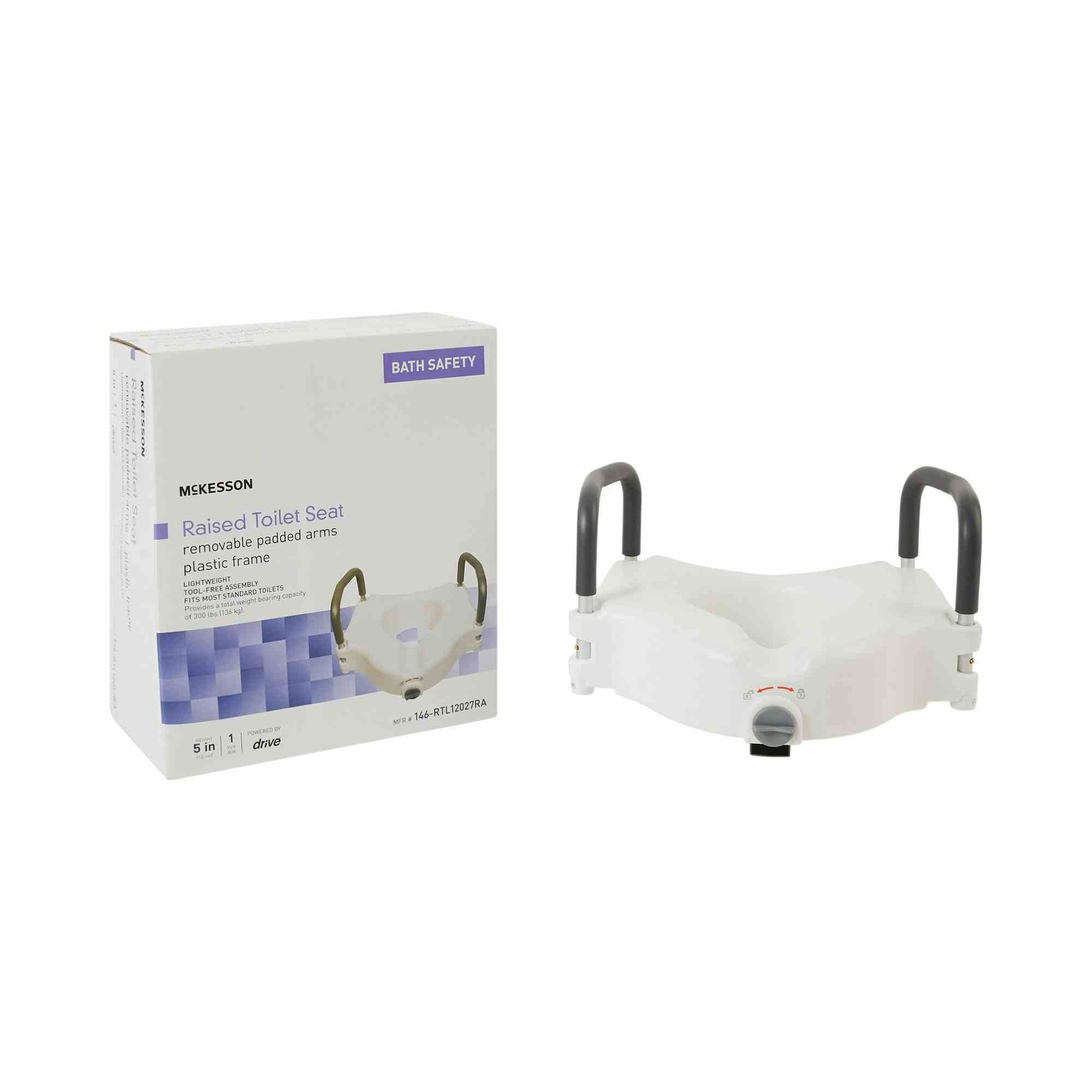 McKesson Raised Toilet Seat, Removable Padded Arms, Plastic Frame, 5" Height, 146-RTL12027RA, 1 Each