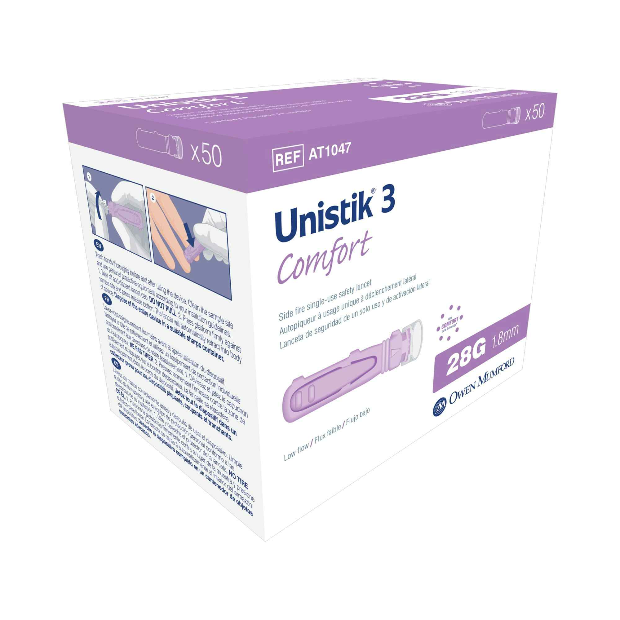 Unistik 3 Comfort Side Fire Single-Use Safety Lancet, 28g , AT-1047, Box of 50
