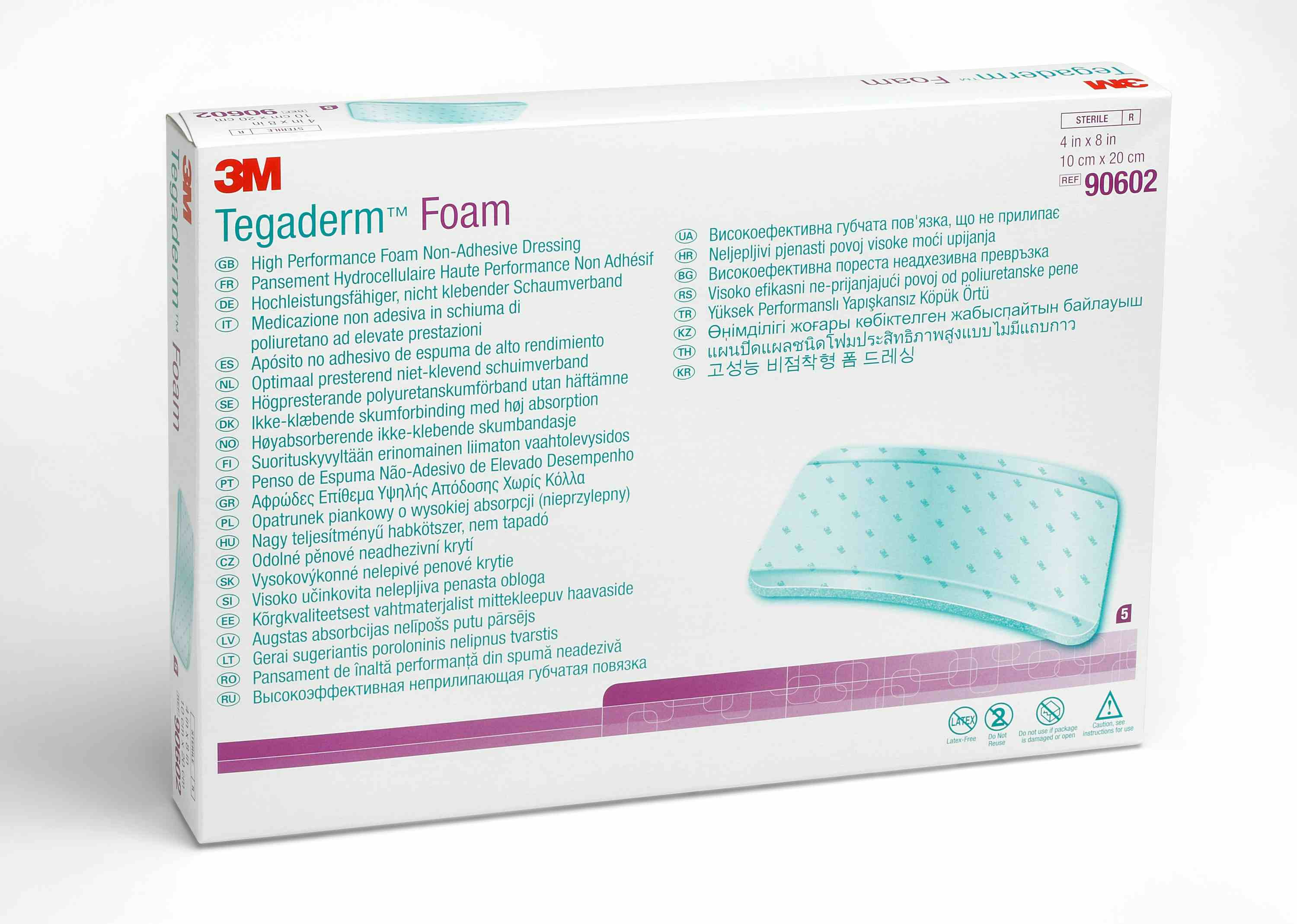 3M Tegaderm Foam High Performance Foam Non-Adhesive Dressing, 4 X 8", 90602, Box of 5