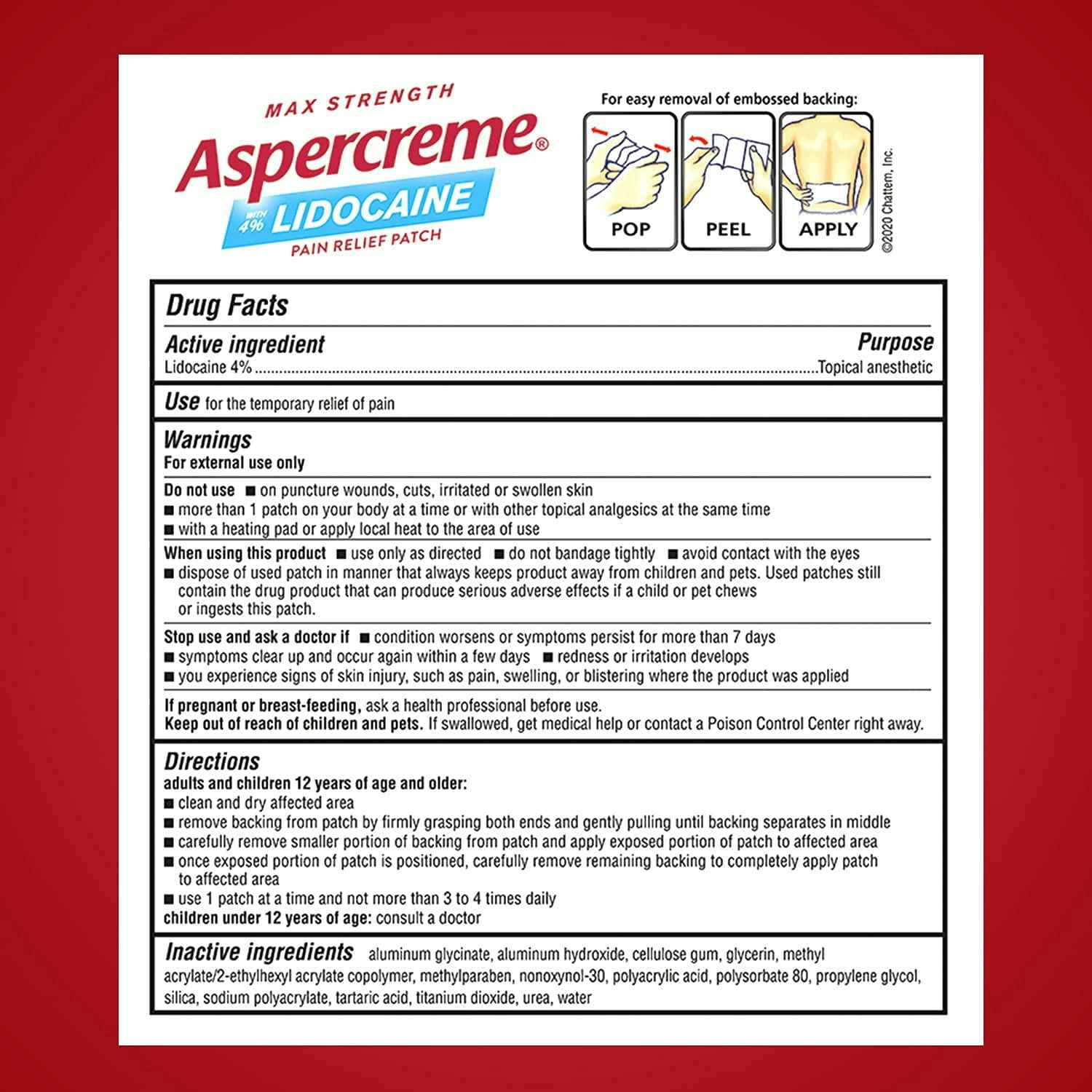 Image of Aspercreme Odor Free Lidocaine Patch, 4% Strength packaging back