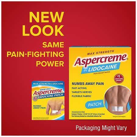 Image of Aspercreme Odor Free Lidocaine Patch, 4% Strength packaging old vs new