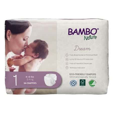 Bambo Nature Dream Eco-Friendly Diapers with Tabs, Heavy Absorbency, 1000016923, Size 1 (4-9 lbs) - Case of 216 (6 Bags)