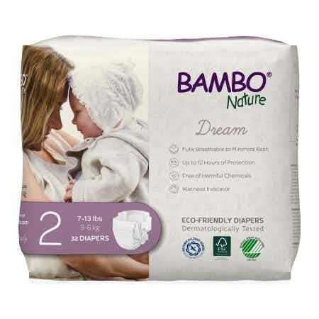 Bambo Nature Dream Eco-Friendly Diapers with Tabs, Heavy Absorbency, 1000016924, Size 2 (7-13 lbs) - Bag of 32