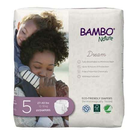 Bambo Nature Dream Eco-Friendly Diapers with Tabs, Heavy Absorbency, 1000016927, Size 5 (27-40 lbs) - Bag of 25