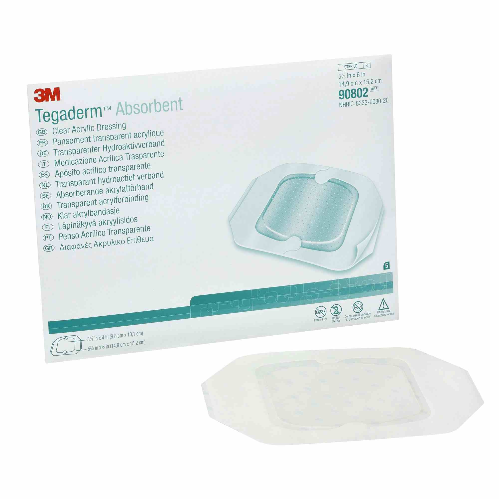 3M Tegaderm Absorbent Clear Acrylic Dressing, 5-7/8 X 6", 90802, Box of 5