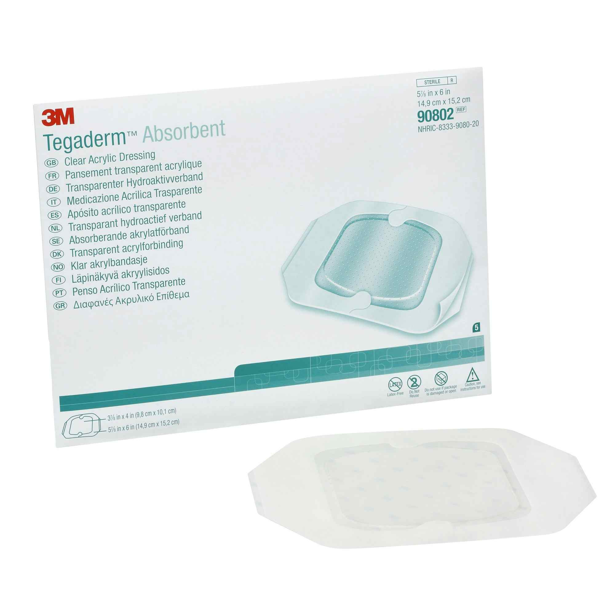 3M Tegaderm Absorbent Clear Acrylic Dressing, 5-7/8 X 6", 90802, Box of 5