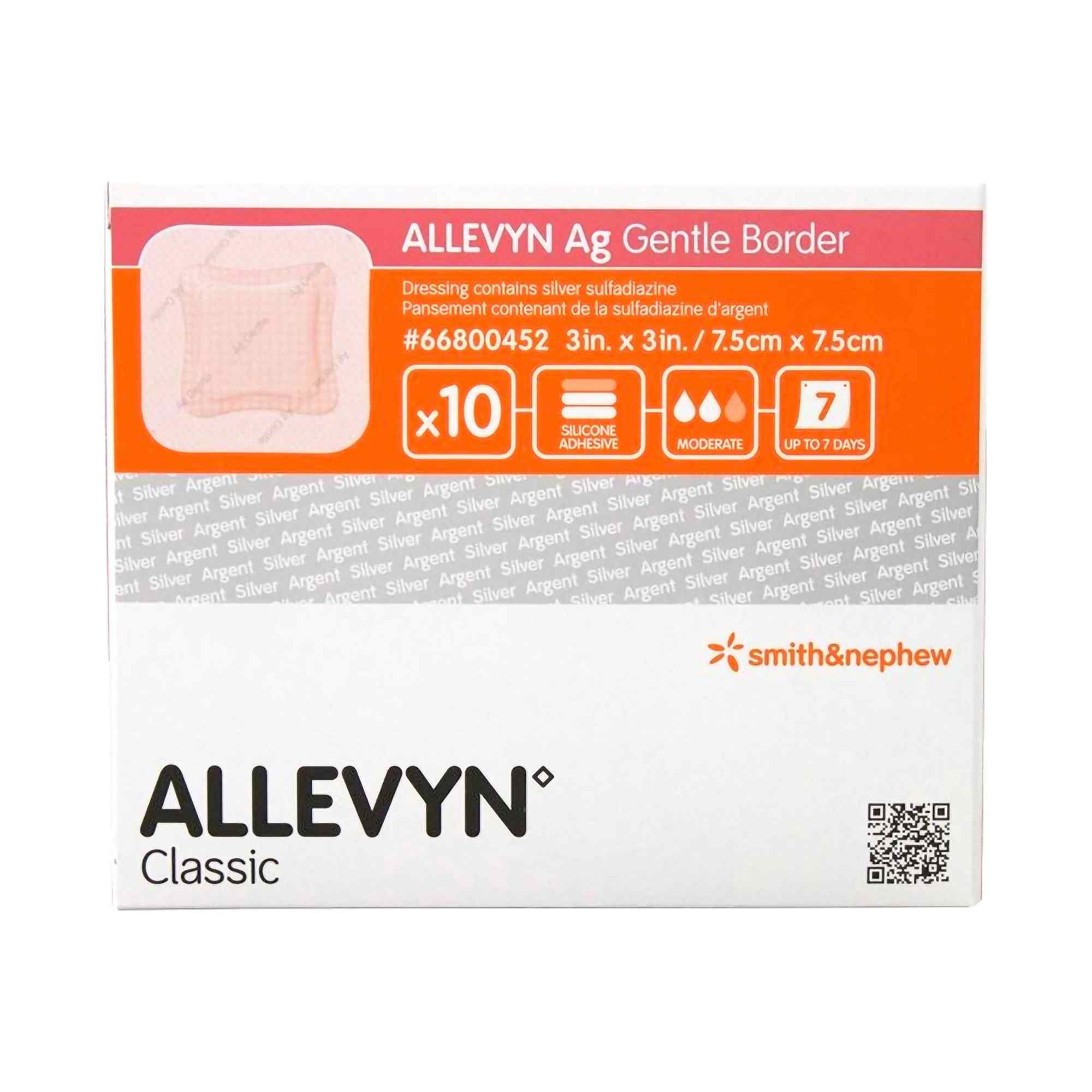 Smith & Nephew Allevyn Ag Gentle Border Dressing with Silver, 3 X 3", 66800452, Box of 10