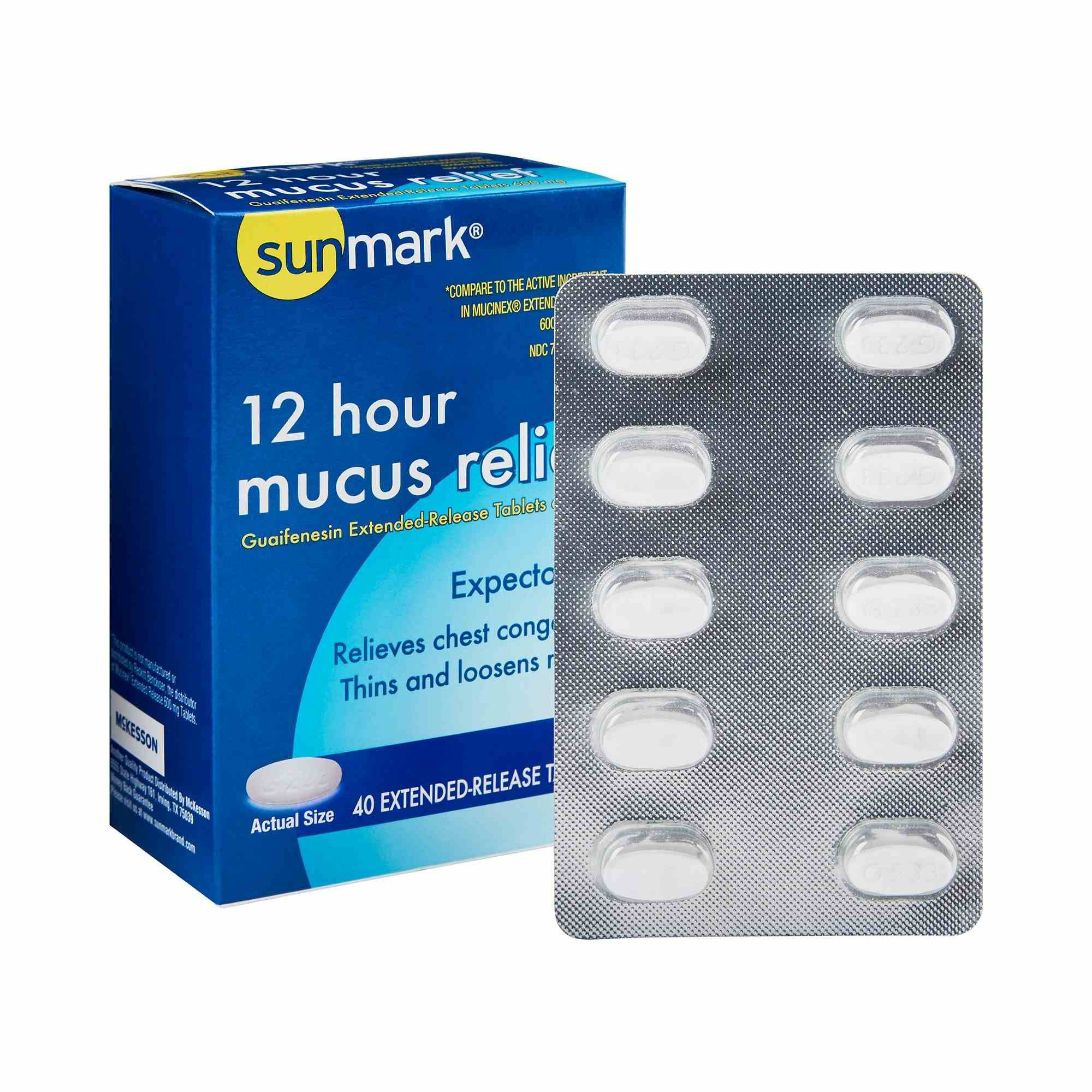 sunmark 12 Hour Mucus Relief Tablets, 600 mg, 70677005501, 40 Tablets - 1 Bottle