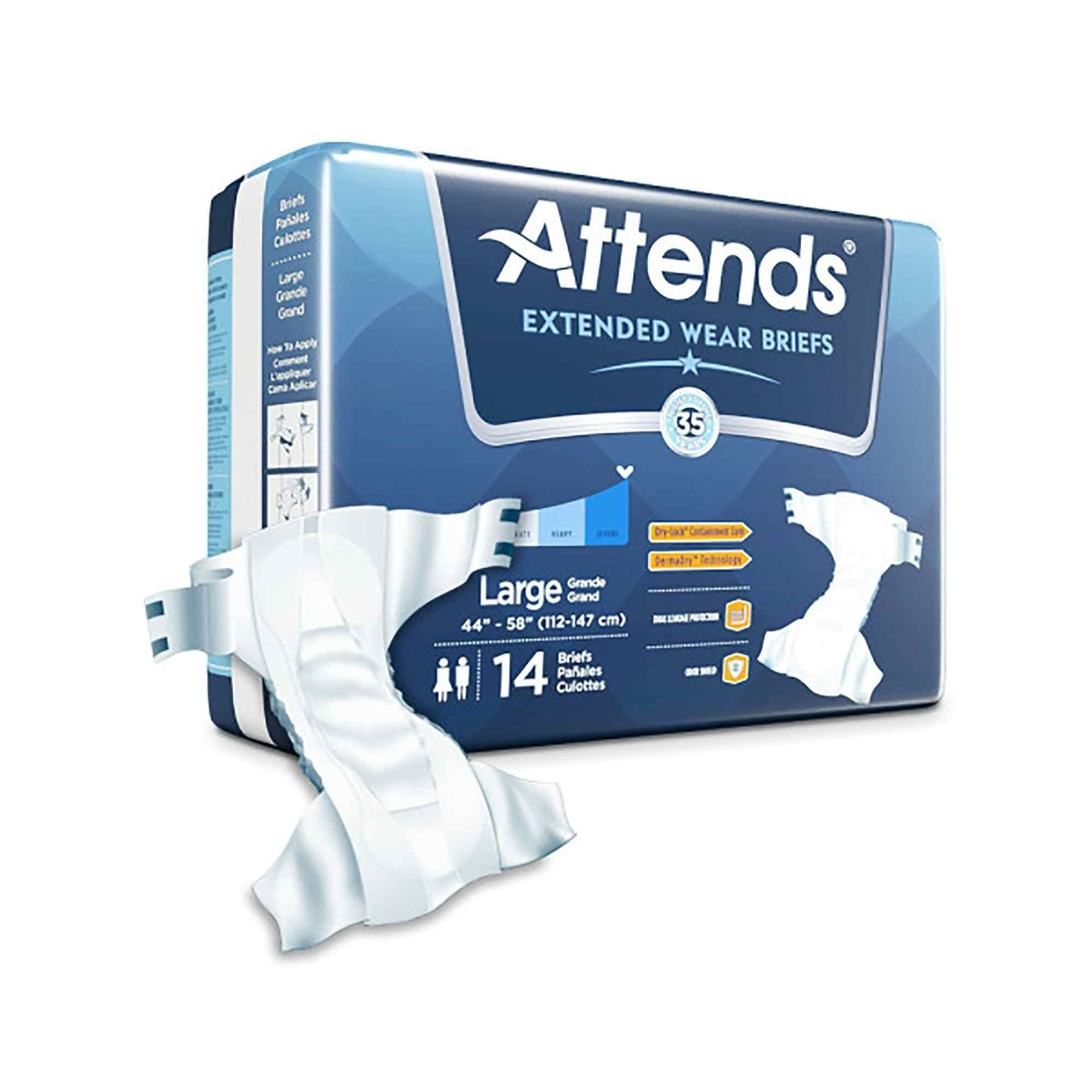 Attends Extended Wear Brief Adult Diapers with Tabs, Severe Absorbency, DDEW30, Large (44-58") - Bag of 14