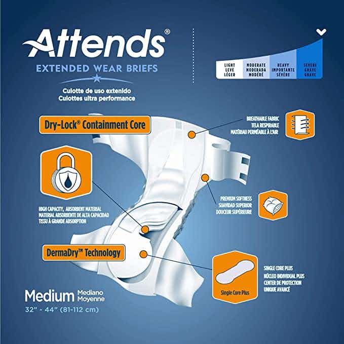 Attends Extended Wear Brief Adult Diapers with Tabs, Severe Absorbency