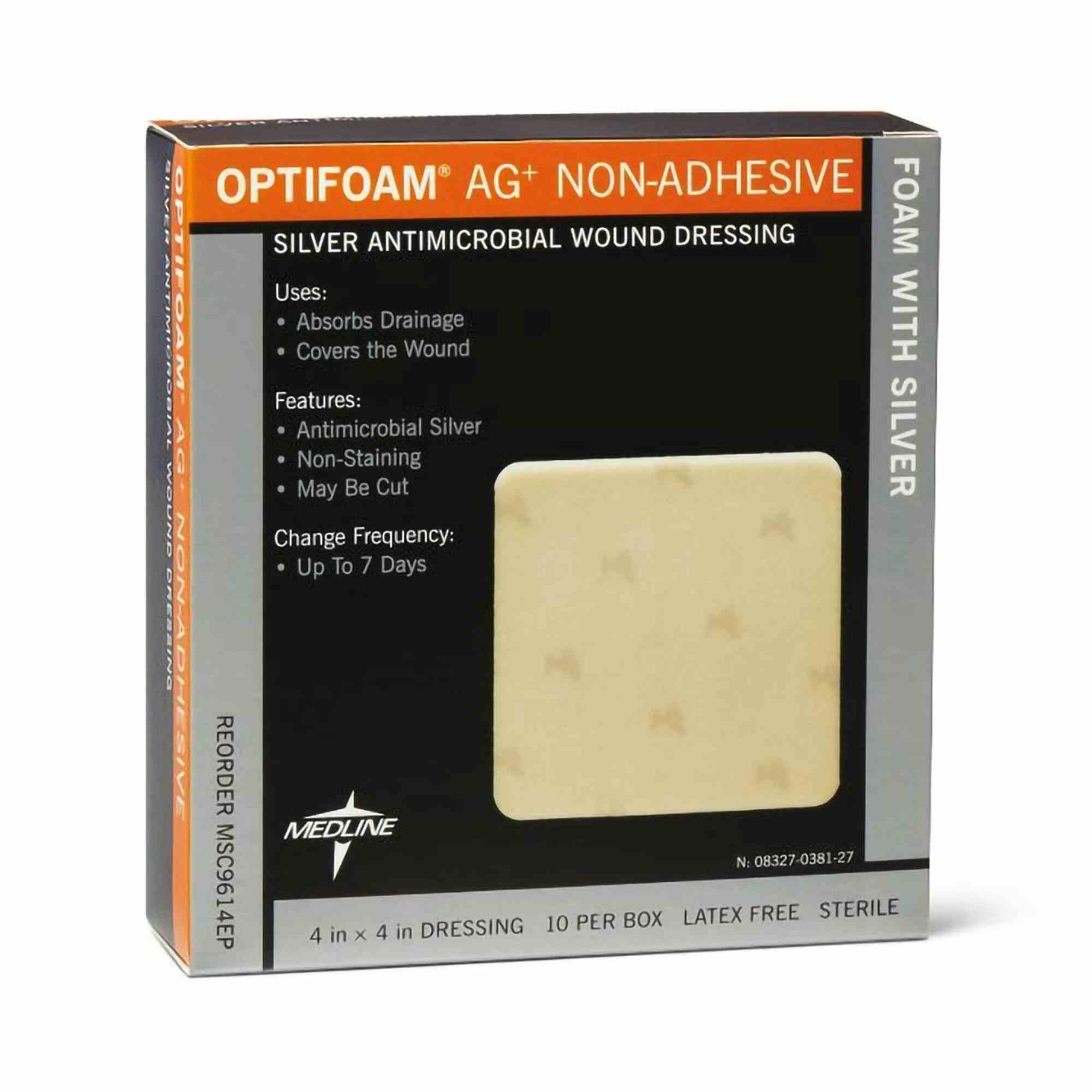 Optifoam Ag+ Non-Adhesive Silver Antimicrobial Wound Dressing, 4 X 4", MSC9614EP, Box of 10