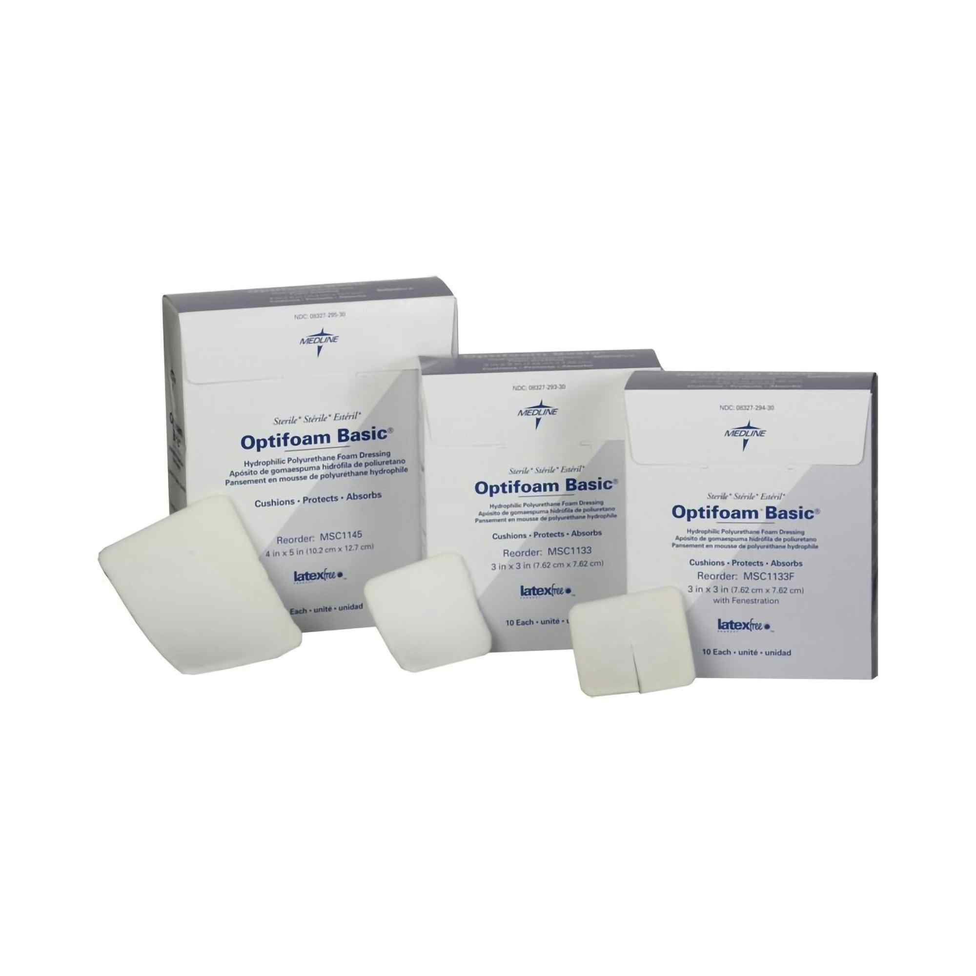 Optifoam Basic Hydrophilic Polyurethane Foam Dressing with Fenestration, 3 X 3", MSC1133F, Box of 10