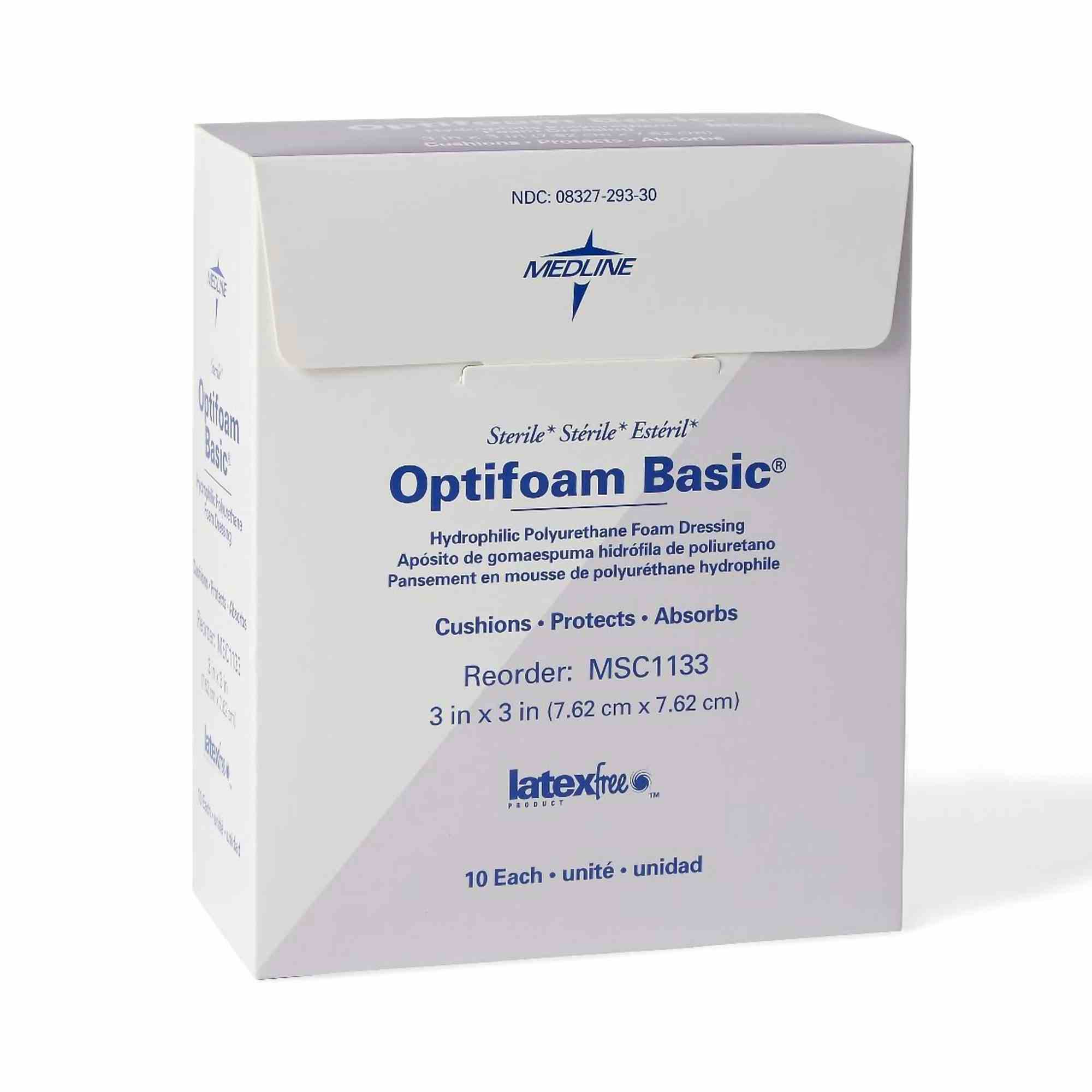Optifoam Basic Hydrophilic Polyurethane Foam Dressing, 3 X 3", MSC1133, Box of 10