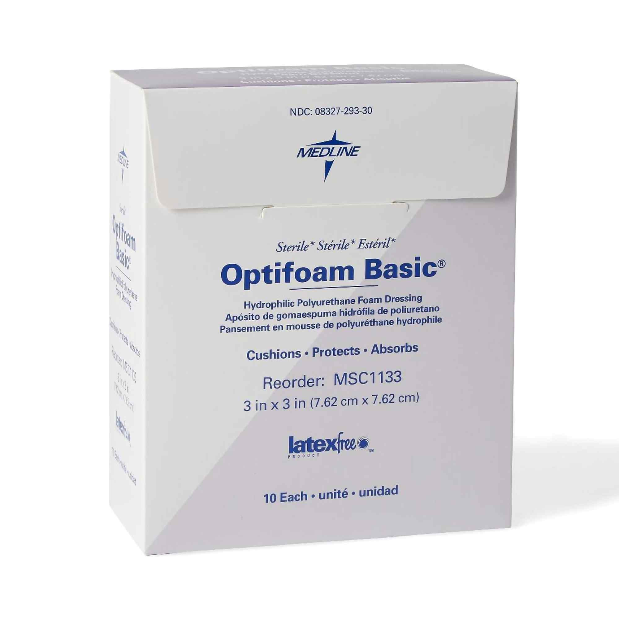 Optifoam Basic Hydrophilic Polyurethane Foam Dressing, 3 X 3", MSC1133, Box of 10