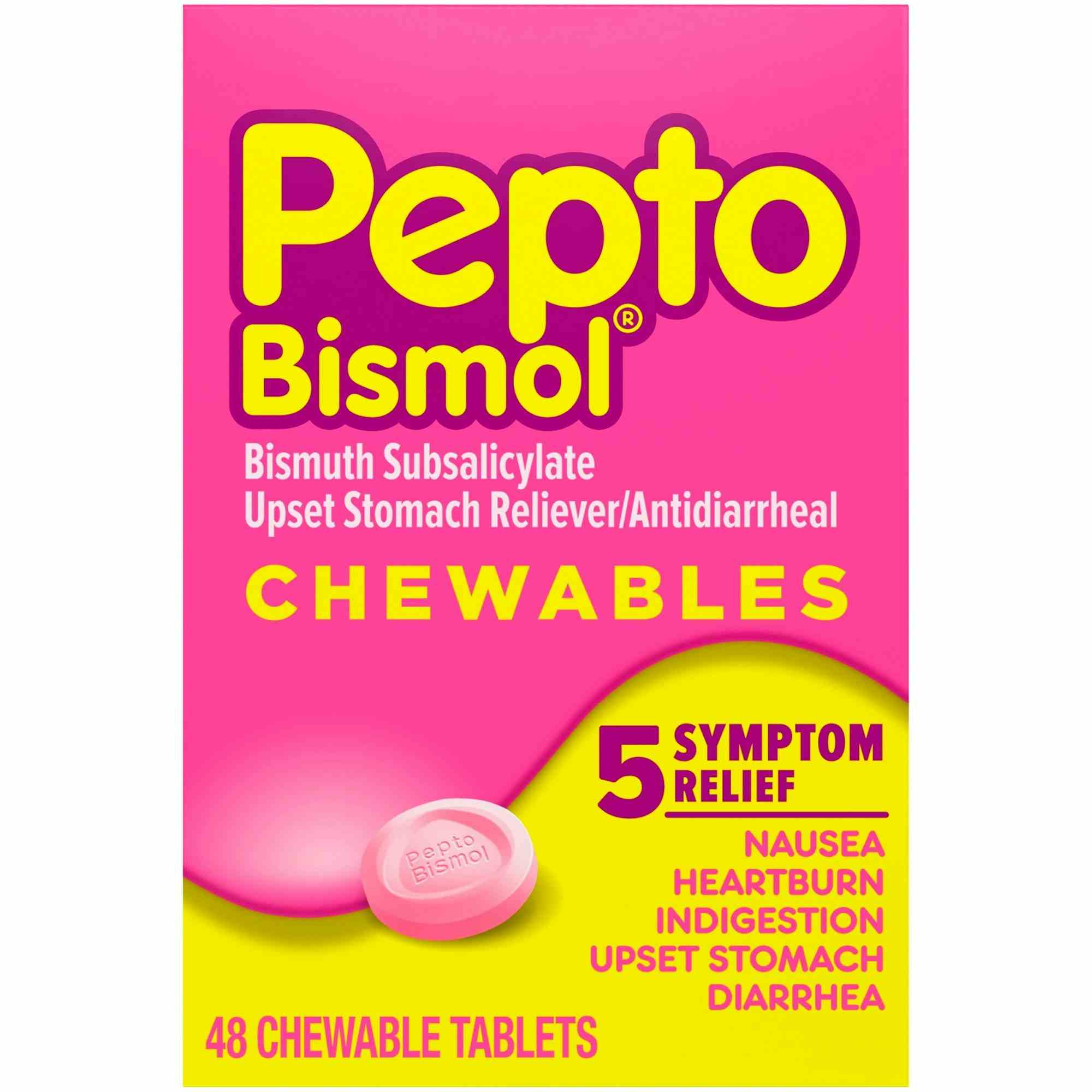 Pepto Bismol Upset Stomach Reliever/Anti-Diarrheal Chewables, 262 mg, 37000047710, Box of 48