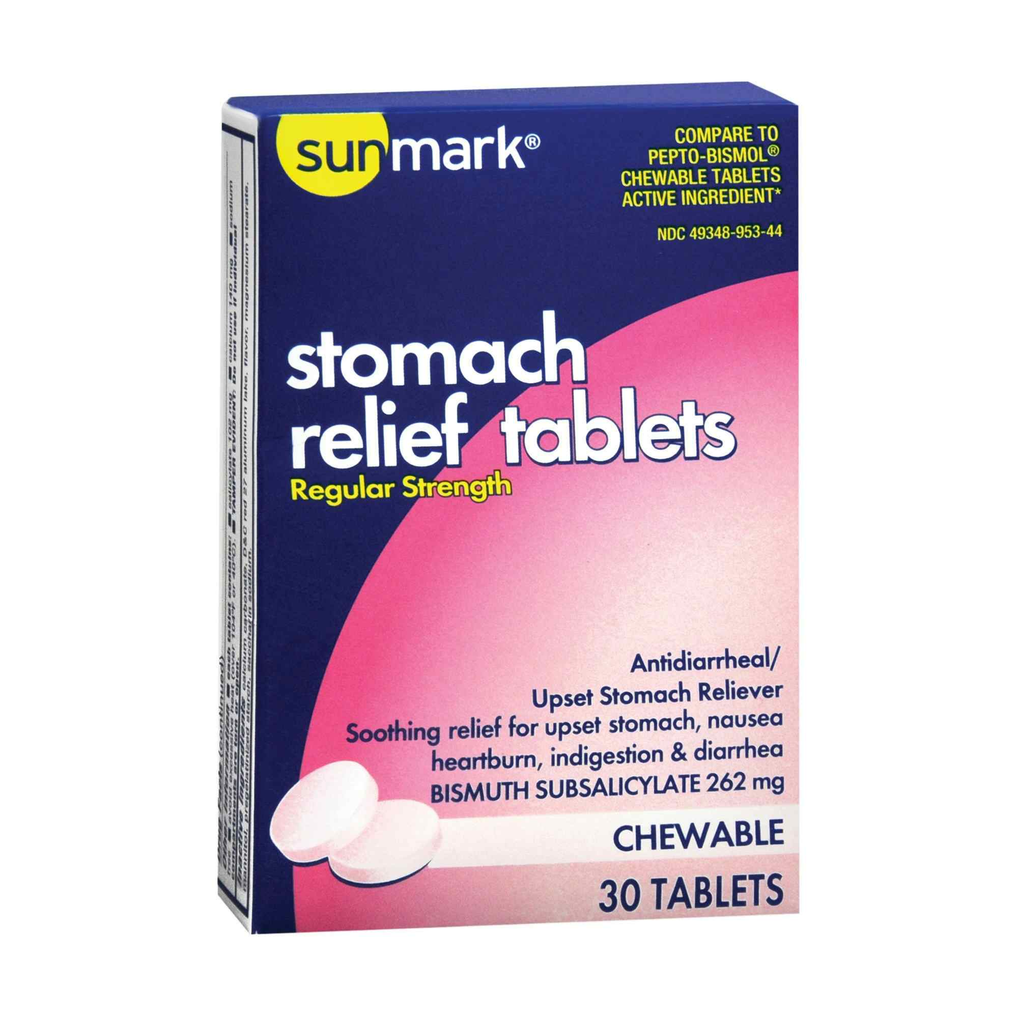 sunmark Regular Strength Stomach Relief Tablets, 262 mg, 30 Tablets, 49348095344, Box of 30