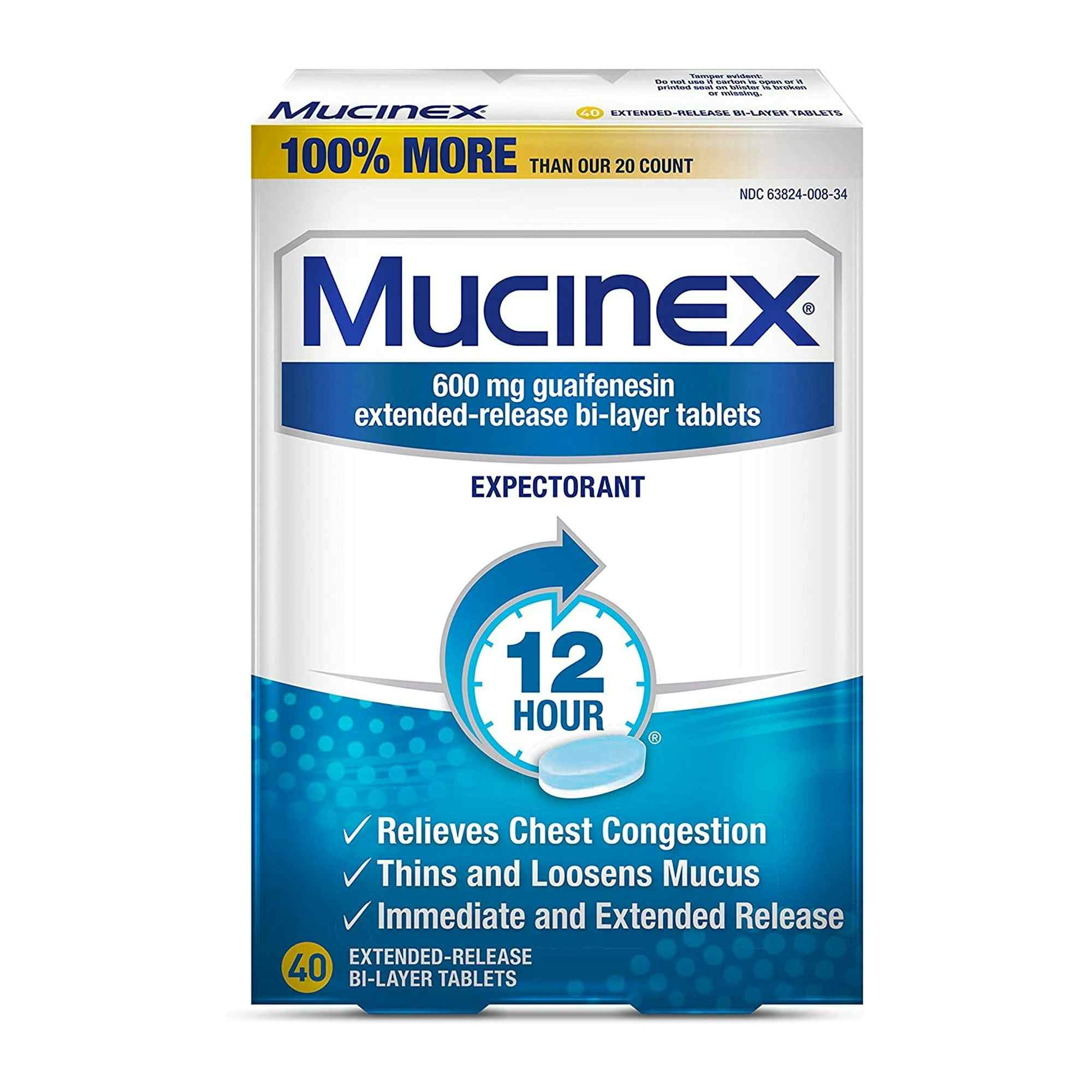 Mucinex Guaifenesin Cold and Cough Relief, 600 mg, 63824000834, Box of 40