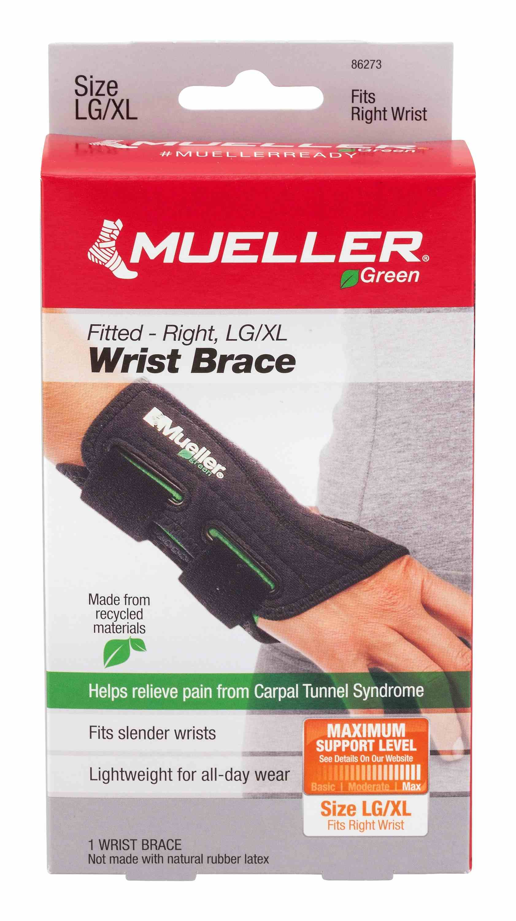 Mueller Green Fitted-Right Wrist Brace, 86273, Large/X-Large (8-10") - 1 Each