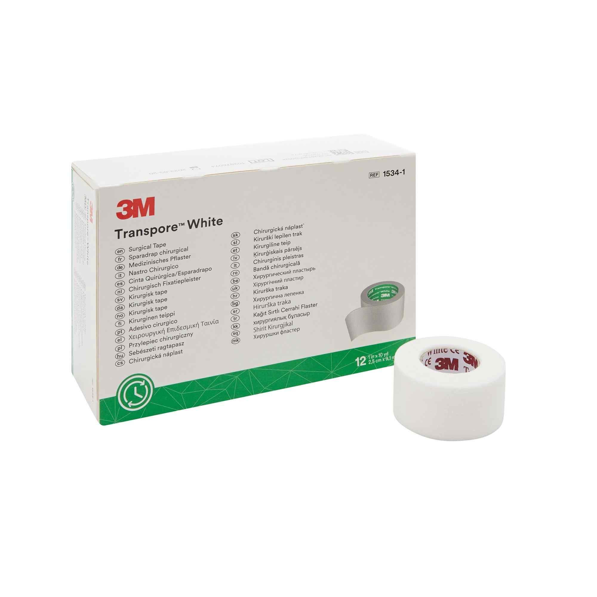 3M Transpore White Surgical Tape, 1" X 10 yd, 1534-1, Box of 12
