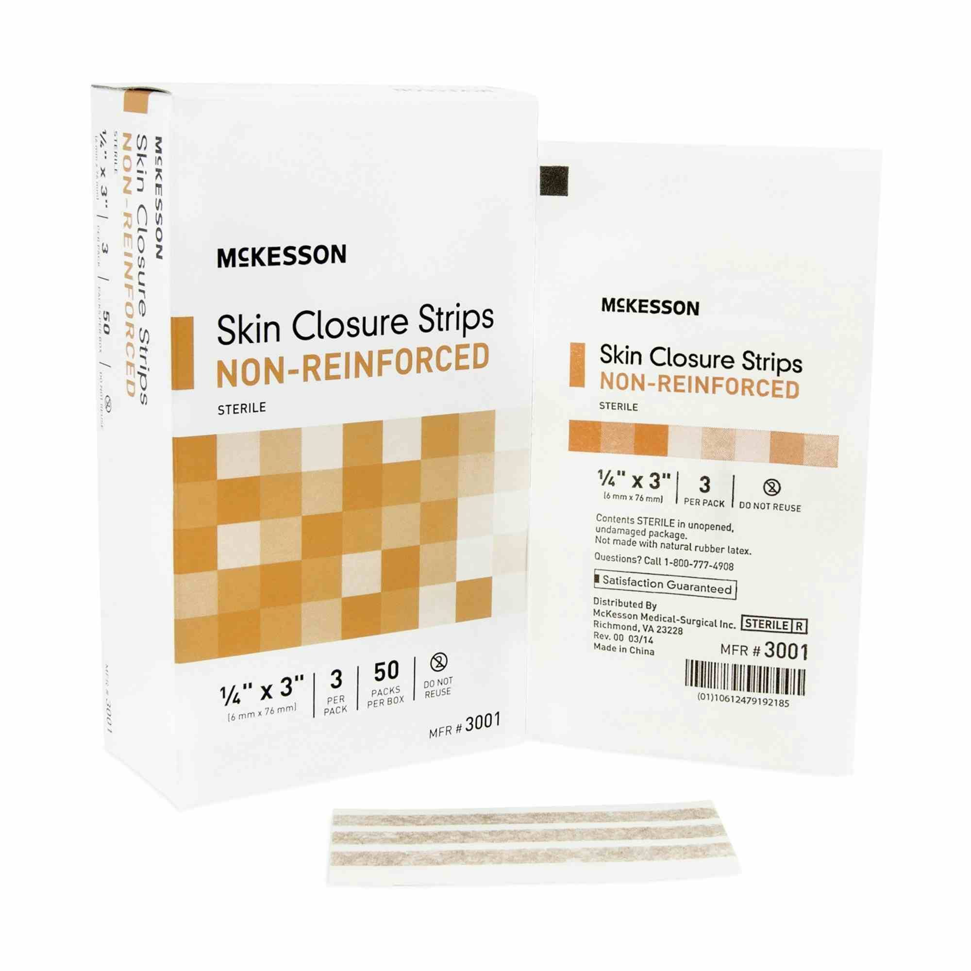 McKesson Non-Reinforced Skin Closure Strips, 0.25 X 3", 3001, Box of 50