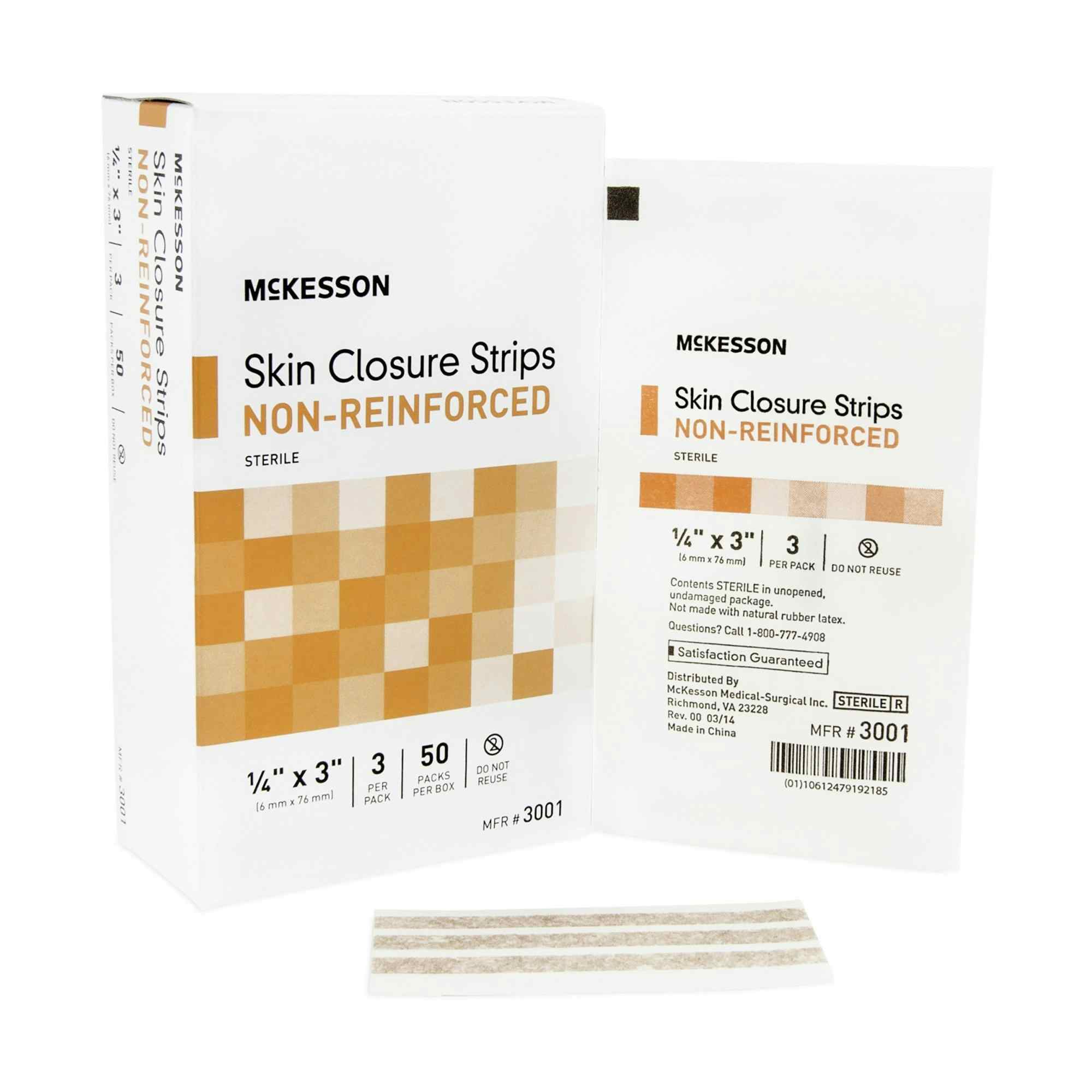 McKesson Non-Reinforced Skin Closure Strips, 0.25 X 3", 3001, Box of 50