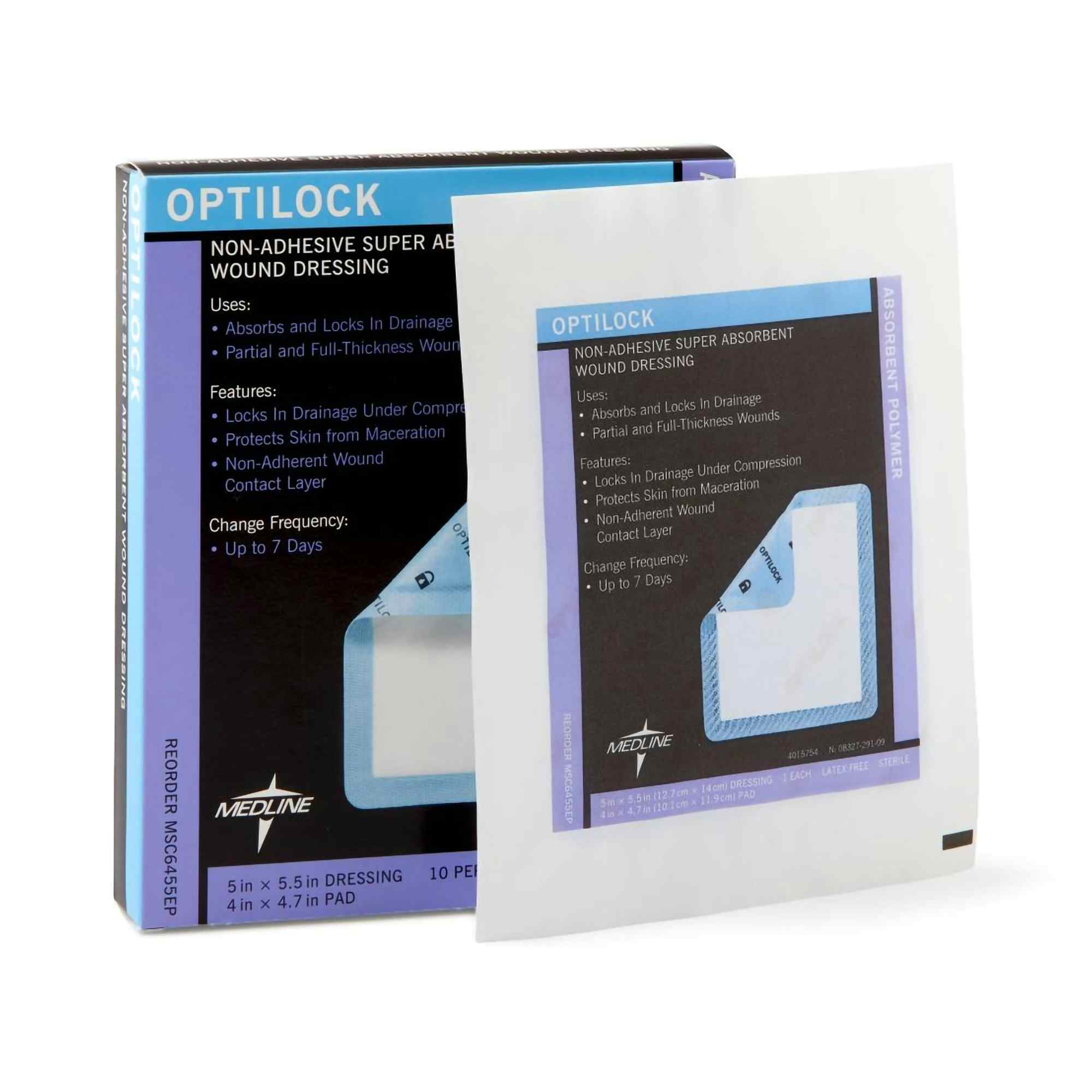 Medline Optilock Non-Adhesive Super Absorbent Wound Dressing, 5 X 5.5", MSC6455EP, Box of 10