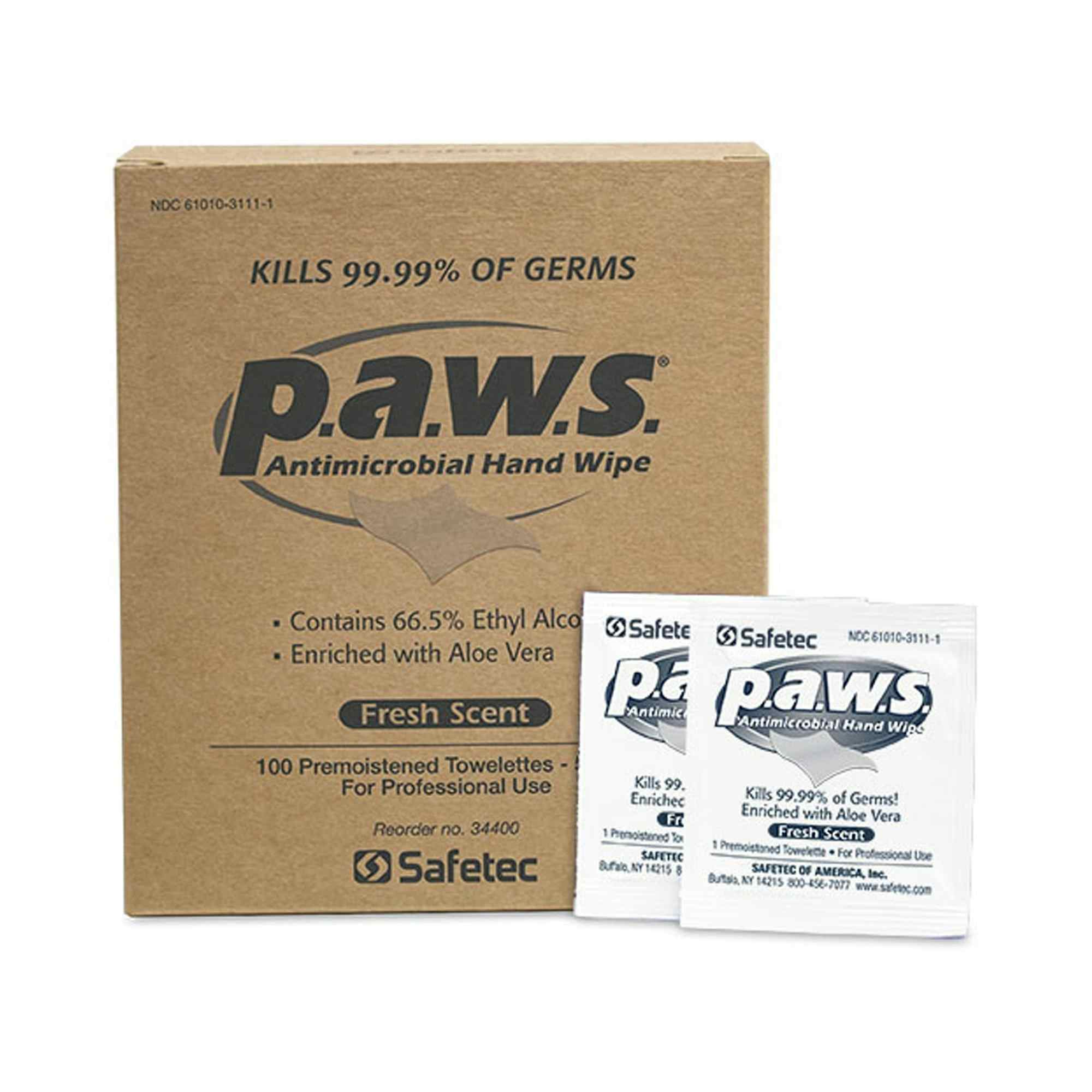 P.A.W.S. Antimicrobial Hand Wipe, Fresh Scent, 34400, Box of 100