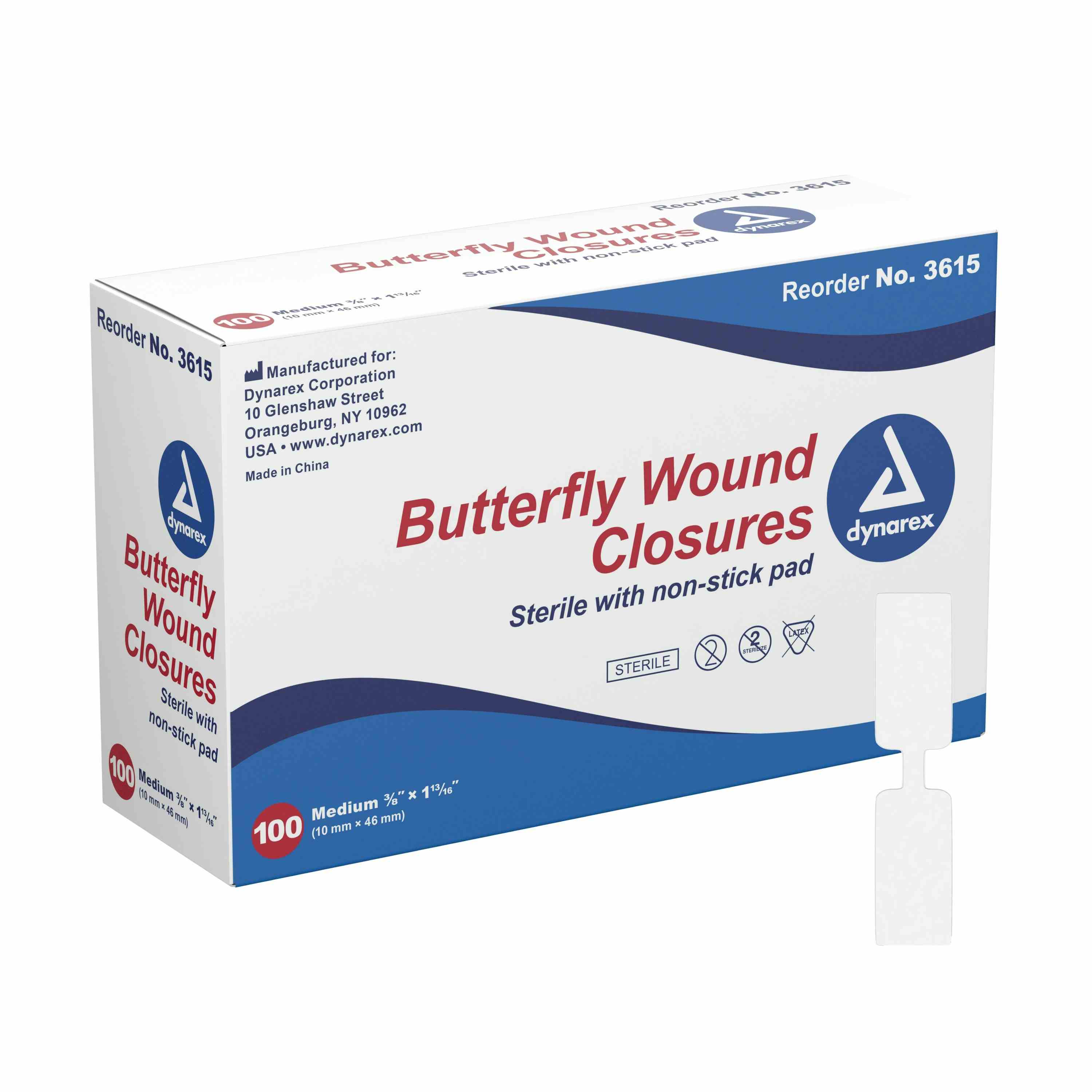 Dynarex Sterile with Non-Stick Pad Butterfly Wound Closures, 3/8 X 1-13/16", 3615, Box of 100