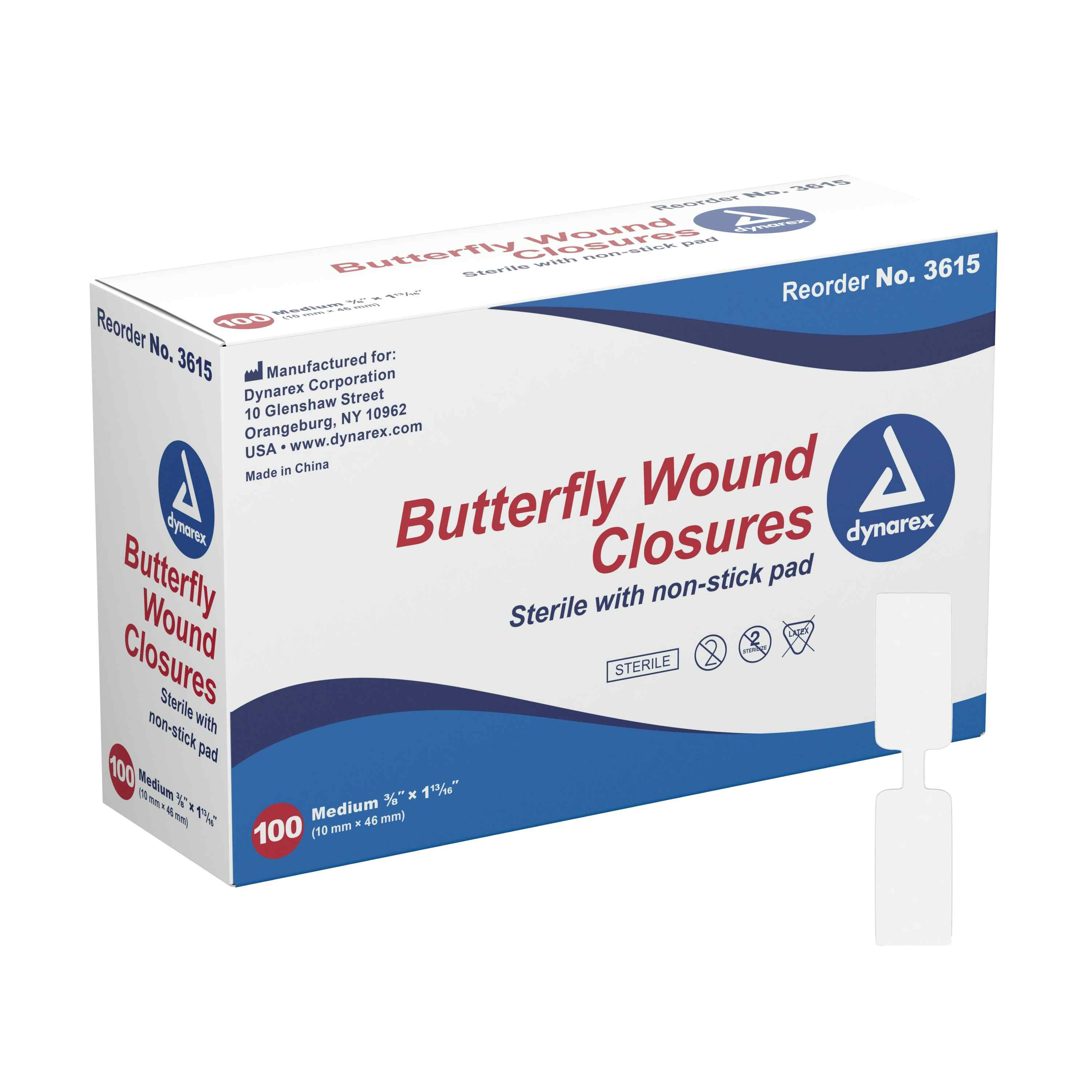 Dynarex Sterile with Non-Stick Pad Butterfly Wound Closures, 3/8 X 1-13/16", 3615, Box of 100