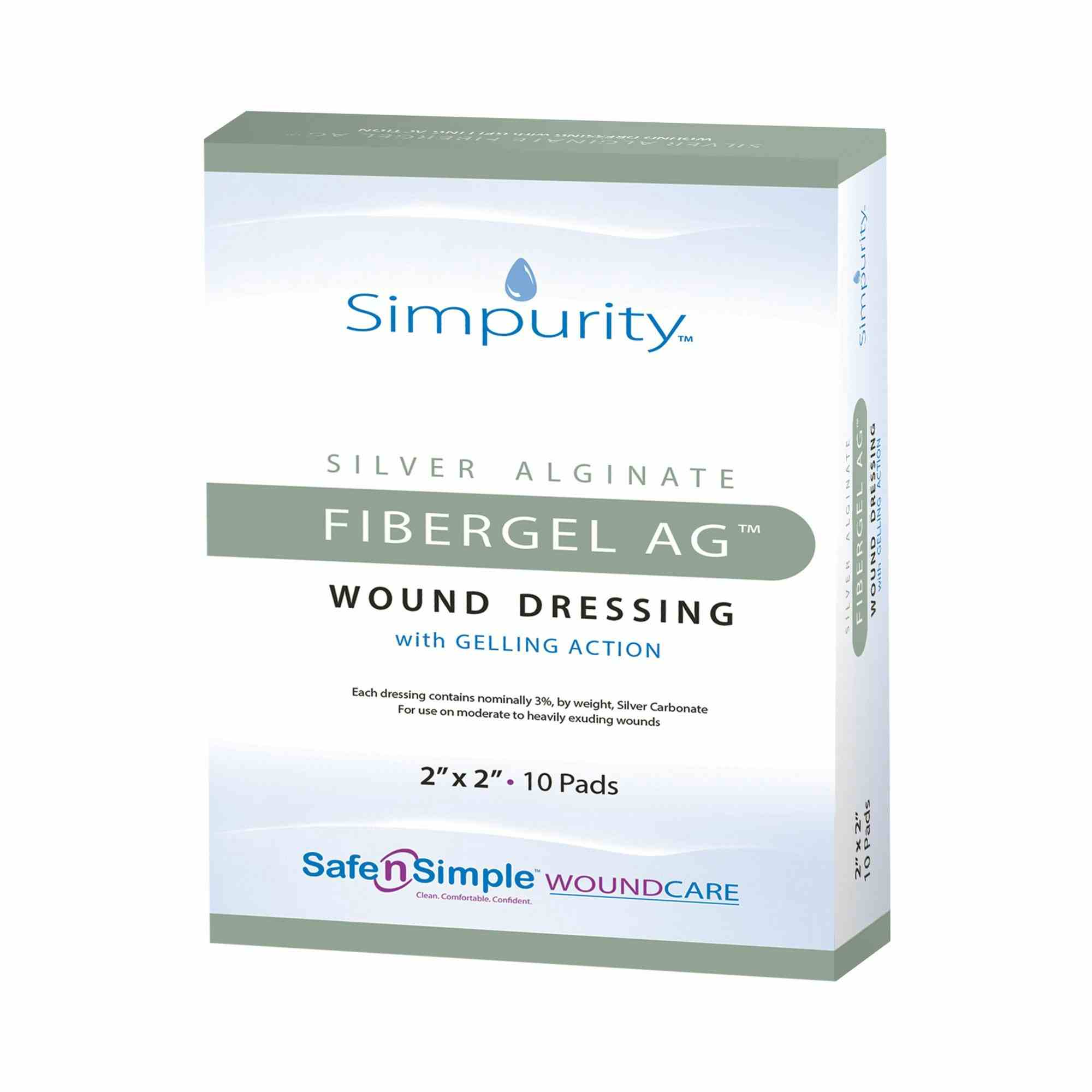 Safe N Simple Simpurity Fibergel AG Wound Dressing with Gelling Action, 2 X 2", SNS56712, Box of 10