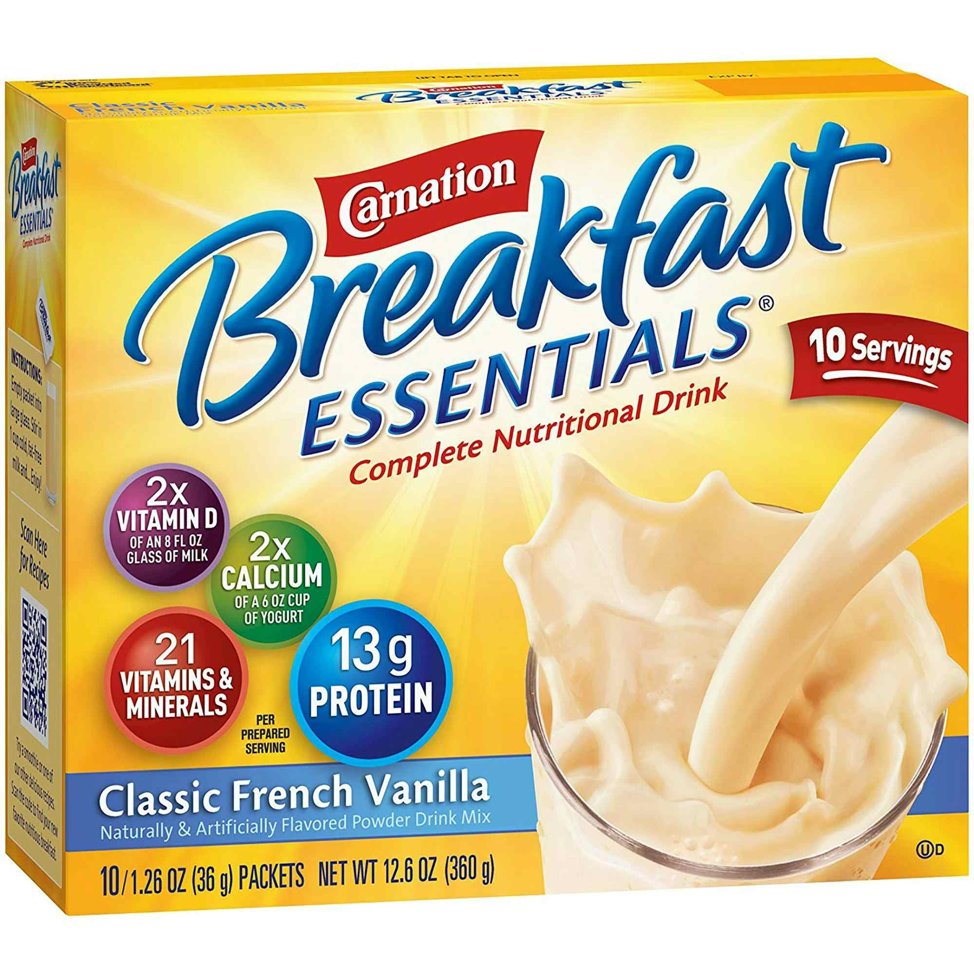Carnation Breakfast Essentials Complete Nutritional Drink, Individual Packet, Classic French Vanilla, 36g, 11004659, Case of 60 (6 Boxes)