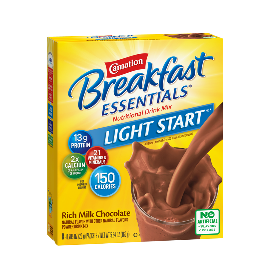 Carnation Breakfast Essentials Complete Nutritional Drink Light Start, Individual Packet, Rich Milk Chocolate, 20g, 12159425, Case of 64 (8 Boxes)