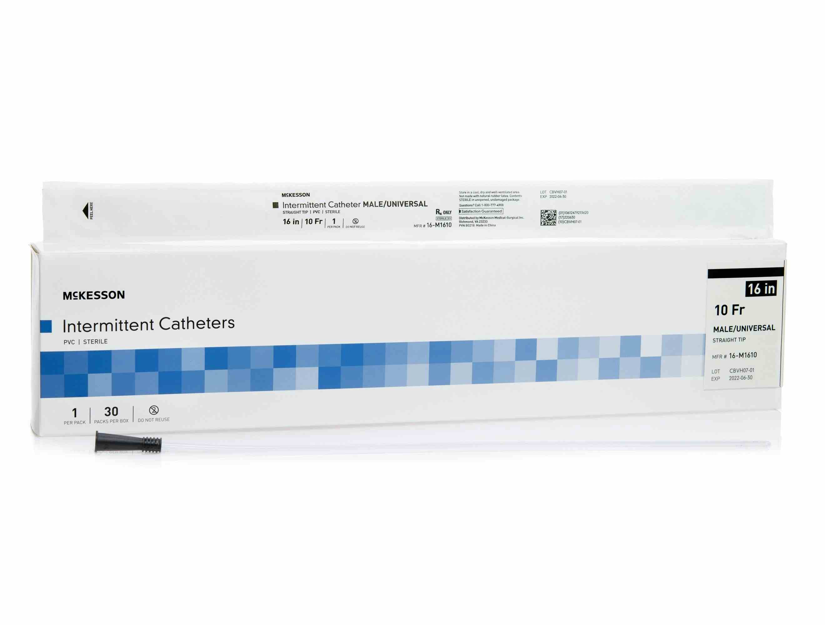 McKesson Male Intermittent Catheters, Straight Tip, 16-M1610, 10 Fr. (16")- Box of 30