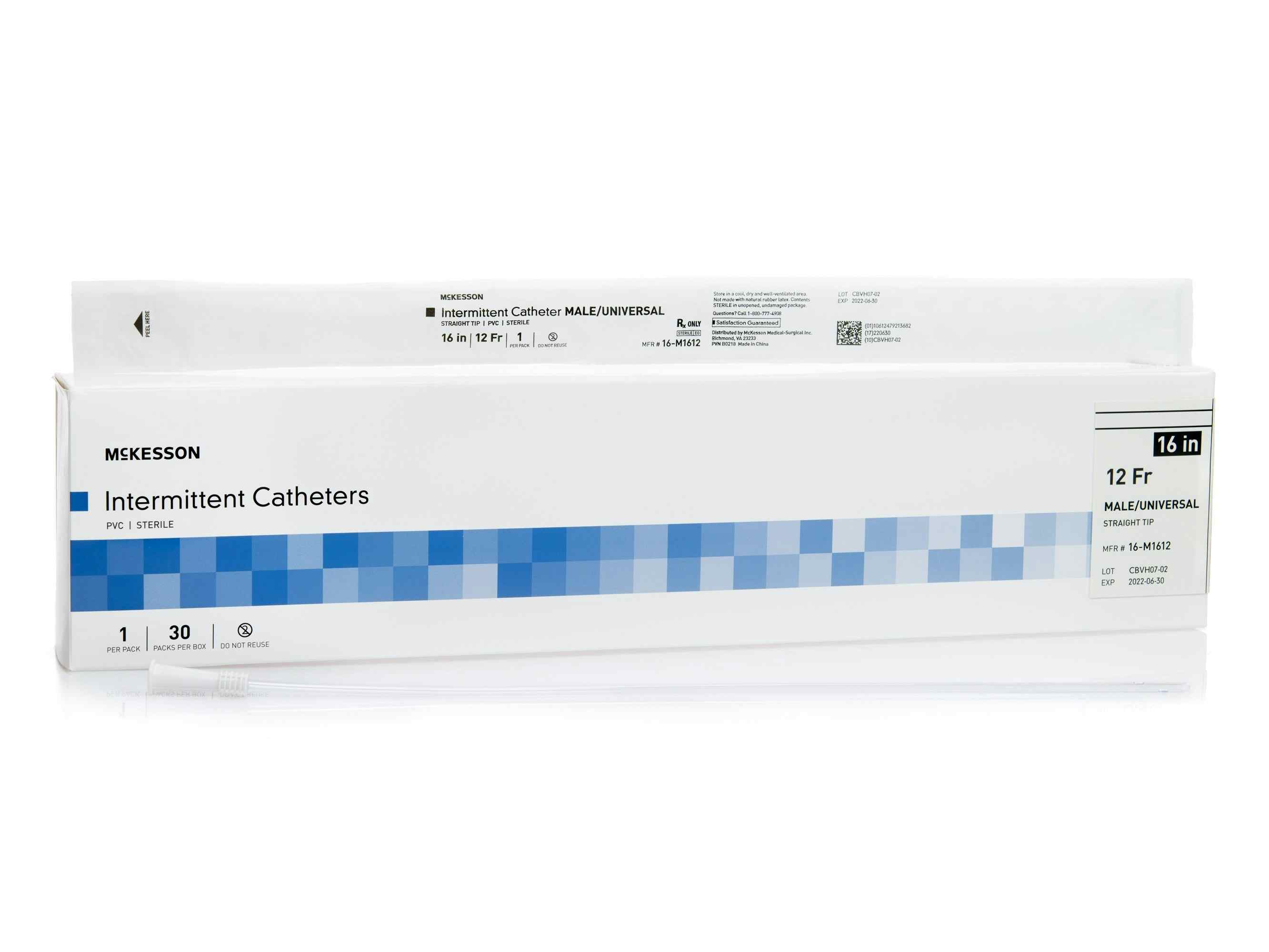McKesson Male Intermittent Catheters, Straight Tip, 16-M1612, 12 Fr. (16") - Box of 30