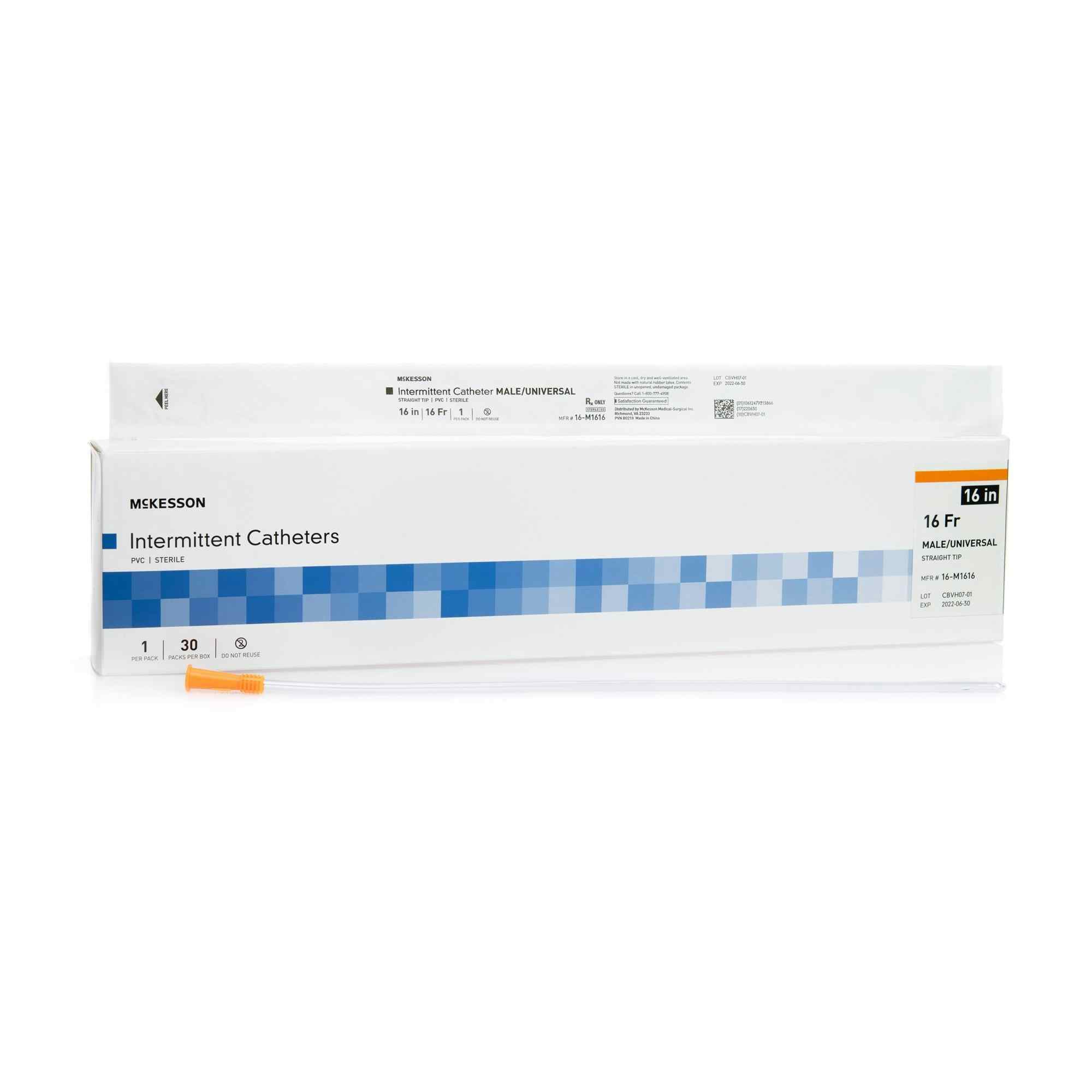 McKesson Male Intermittent Catheters, Straight Tip, 16-M1616, 16 Fr. (16") - Box of 30