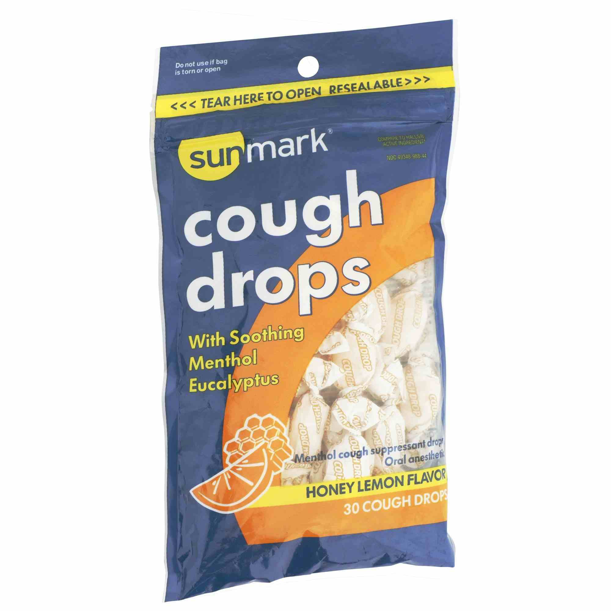 Sunmark Cough Drops with Soothing Menthol Eucalyptus, 49348098844, Honey Lemon - Bag of 30