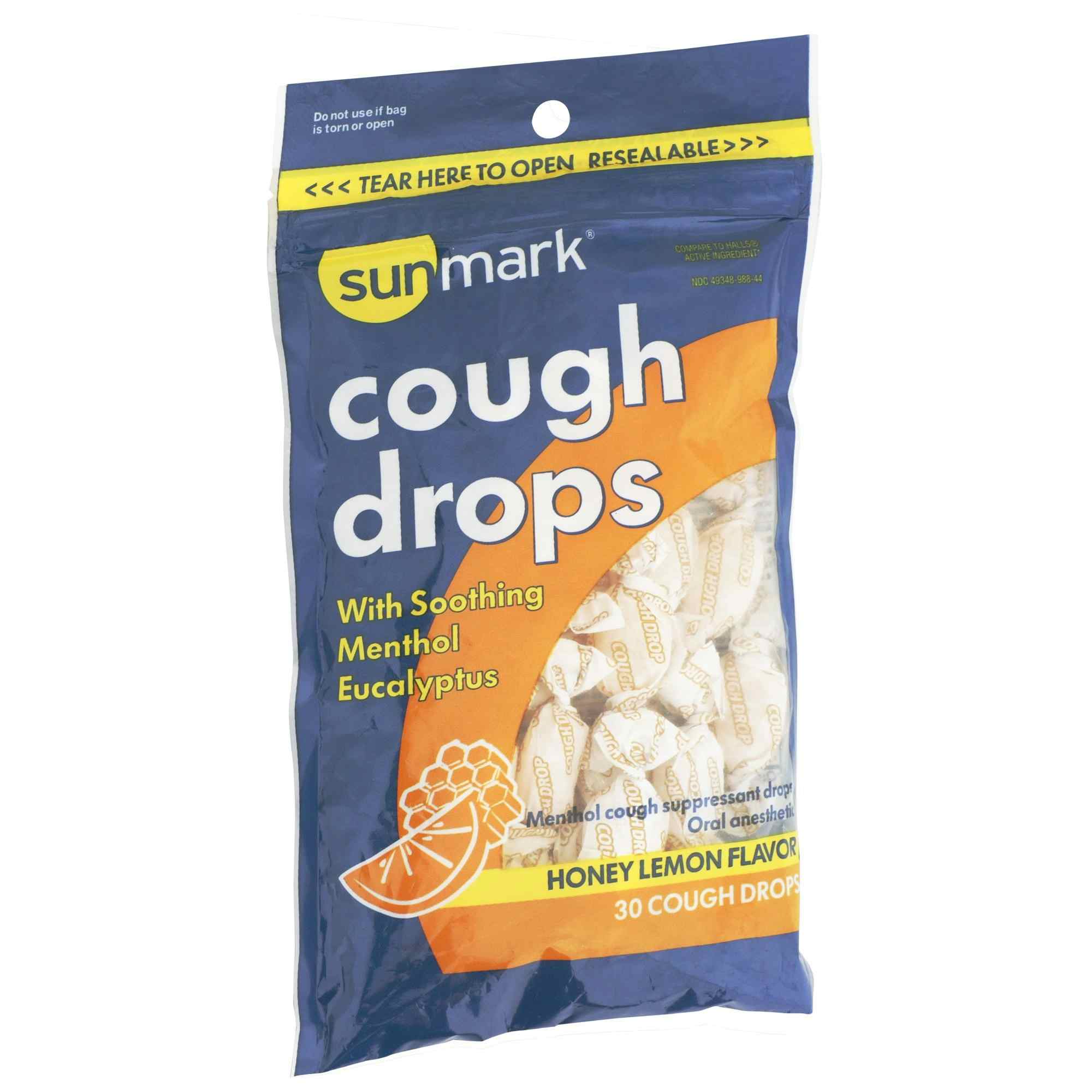 Sunmark Cough Drops with Soothing Menthol Eucalyptus, 49348098844, Honey Lemon - Bag of 30