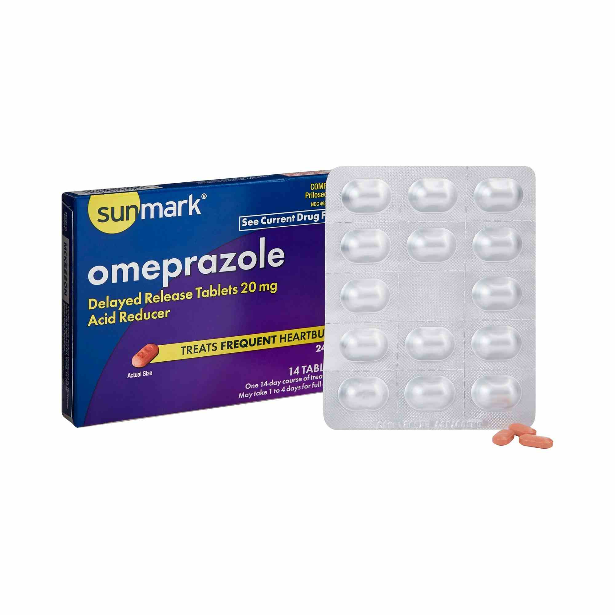 Sunmark Omeprazole Acid Reducer Delayed Release Tablets, 20 mg, 49348084646, Box of 14