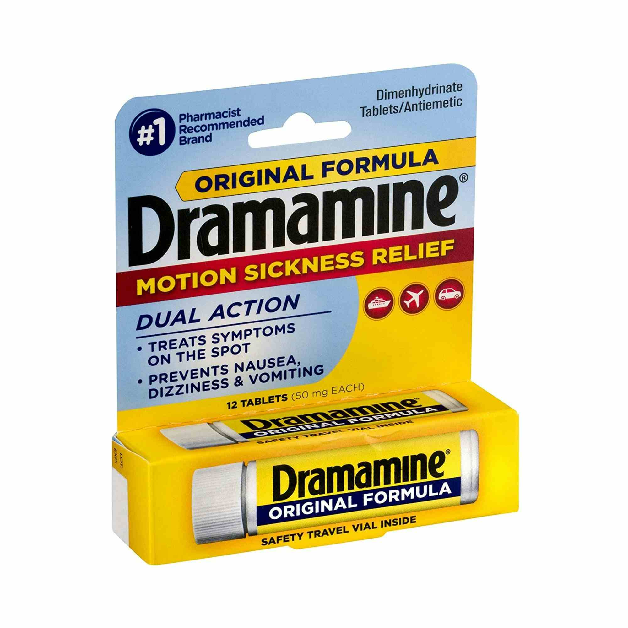 Dramamine Original Formula Motion Sickness Relief, 50 mg., 83124800197, Bottle of 12 Tablets