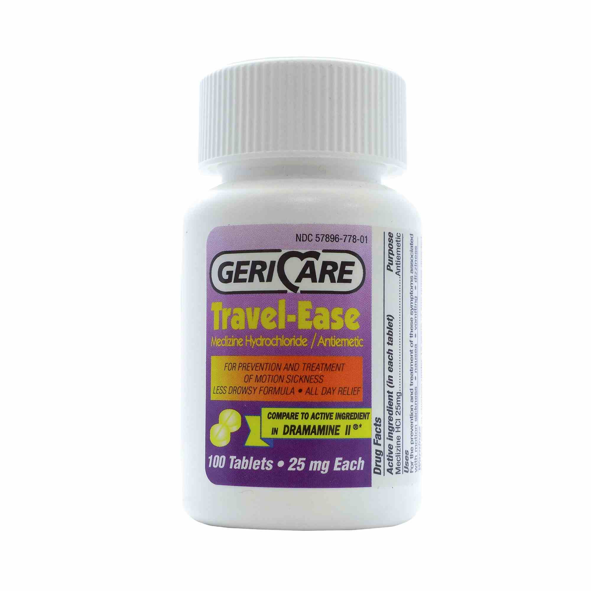 Geri-Care Travel Ease Nausea Relief, 25 mg, 100 Tablets, 778-01, 1 Bottle