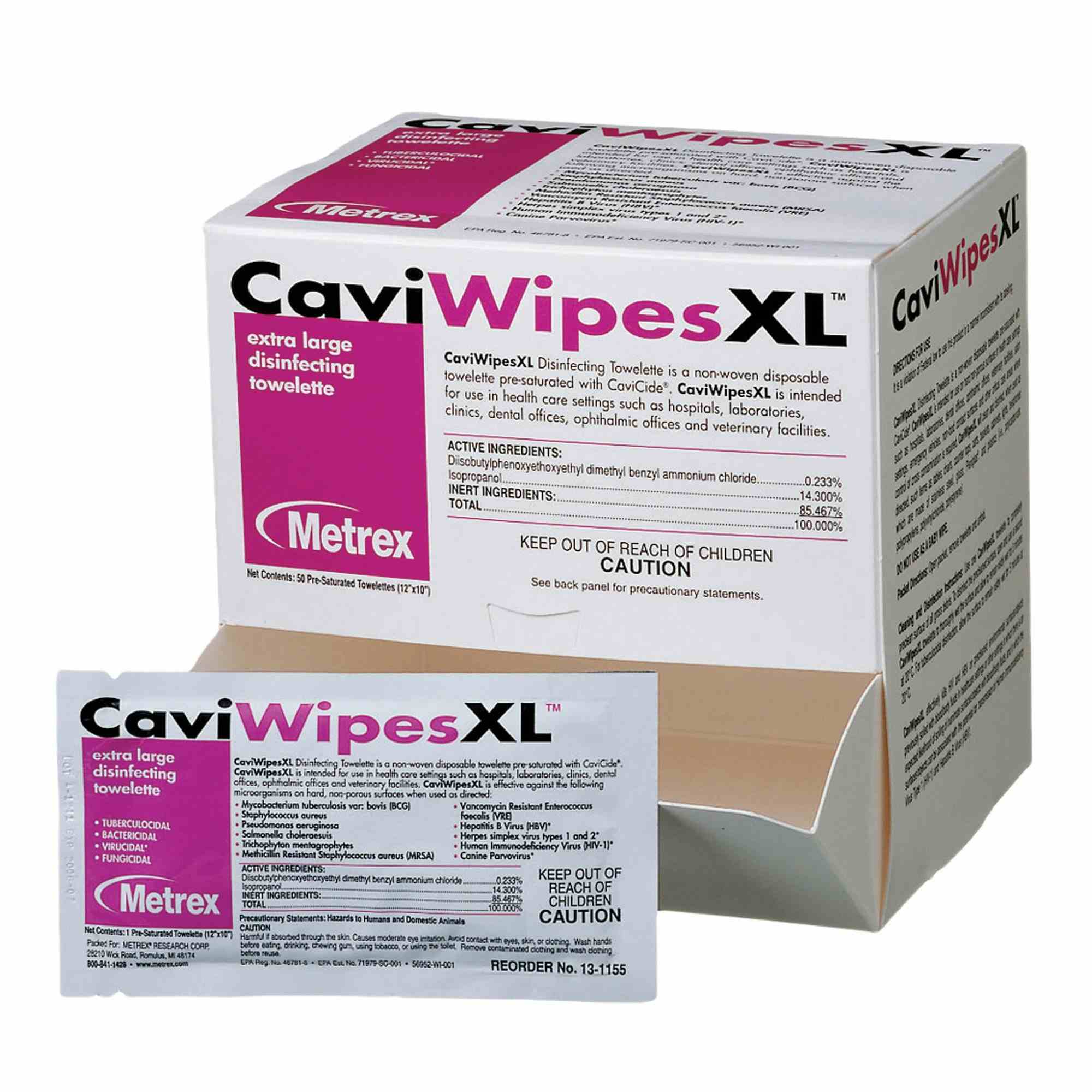 CaviWipesXL Extra Large Disinfecting Towelettes, 13-1155, Box of 50 Packets