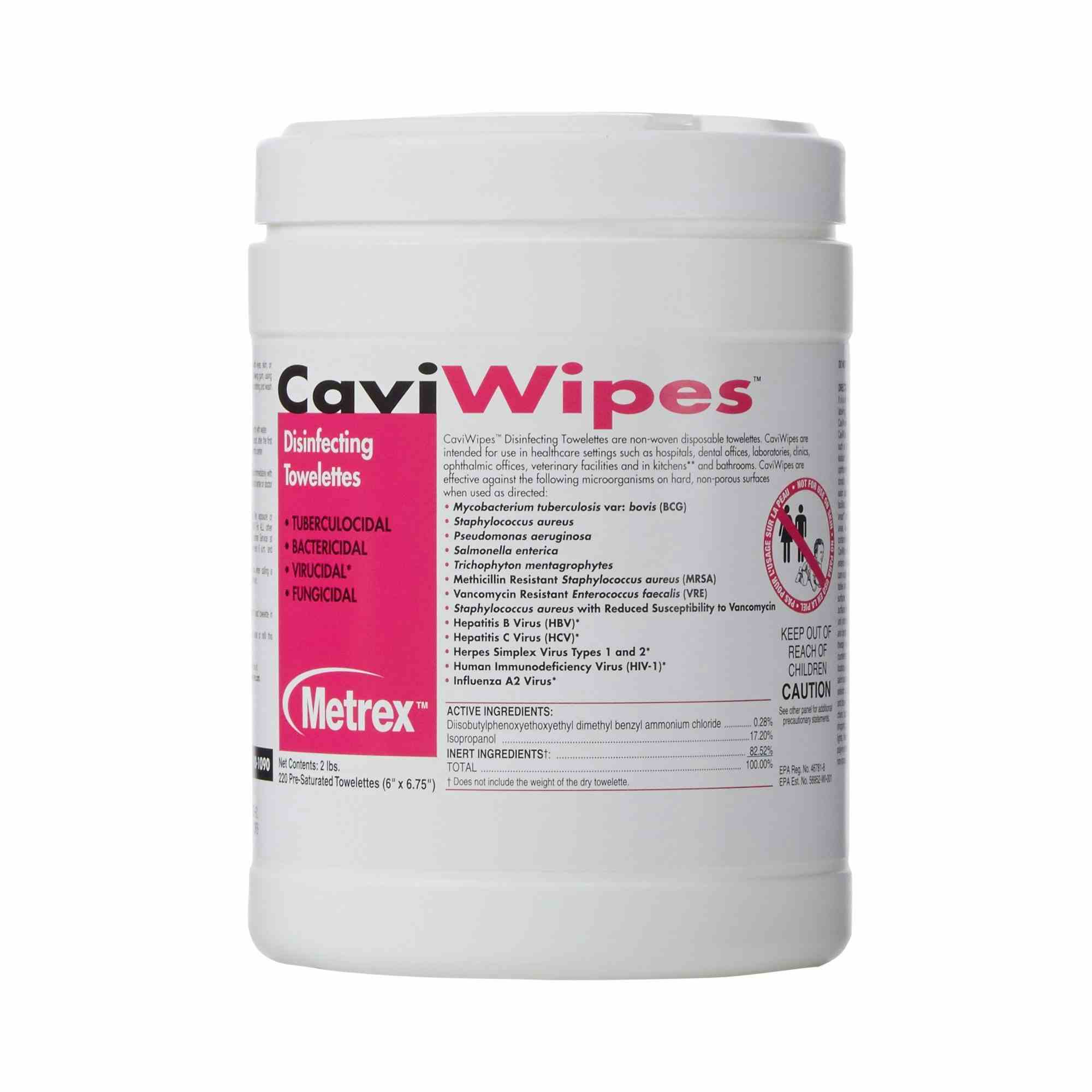 CaviWipes Disinfecting Towelettes, 6 X 6.75", 10-1090, Canister of 220