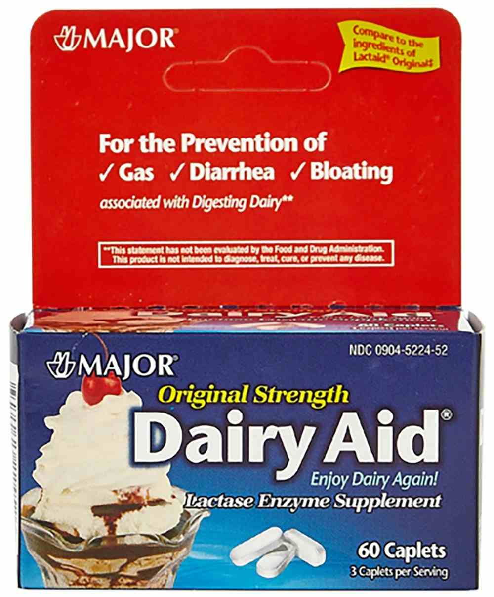 Major Dairy Aid Original Strength Lactase Enzyme Supplement, 3000 IU, 60 Caplets, 00904522452, 1 Bottle
