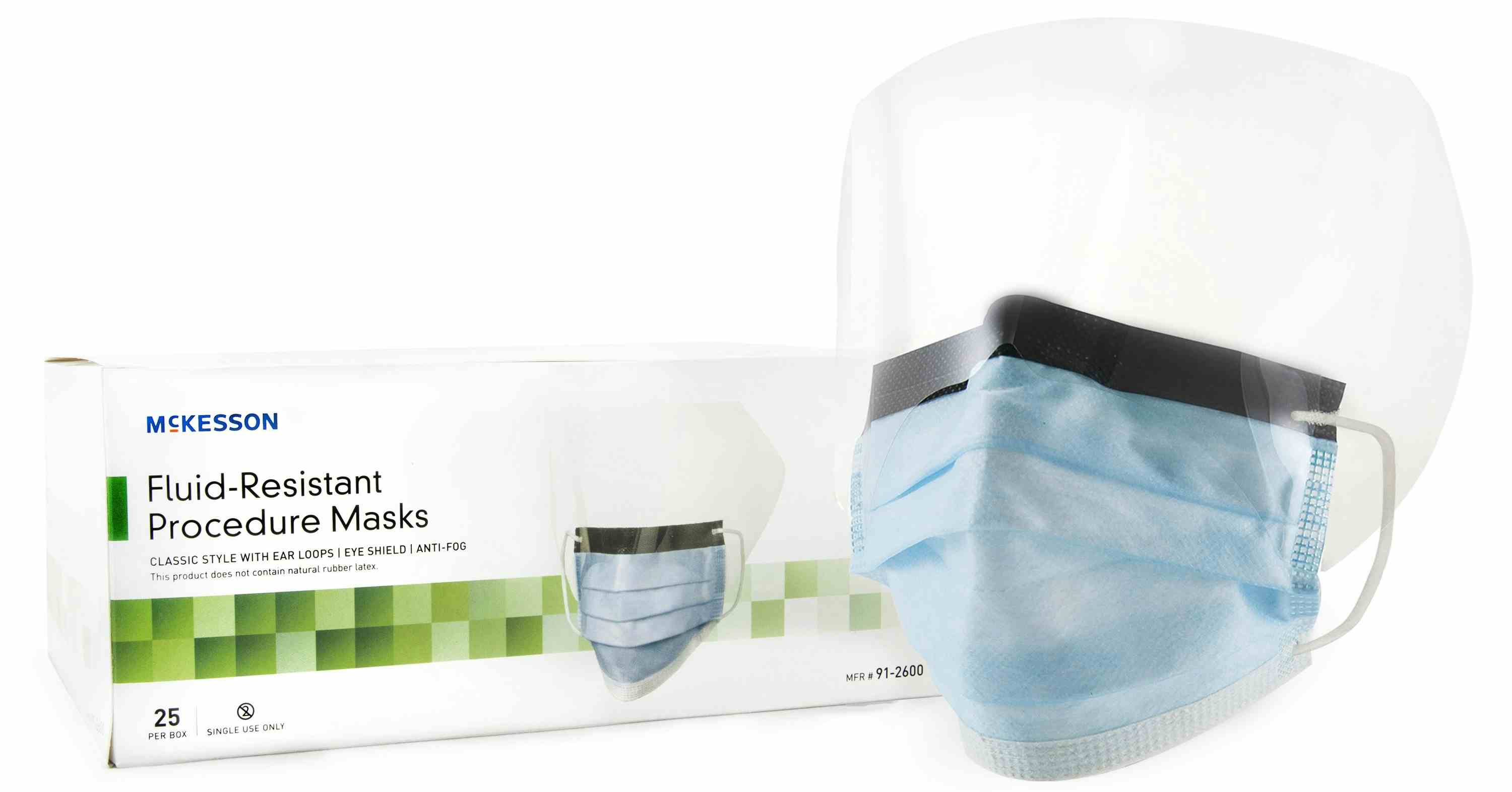 McKesson Fluid-Resistant Procedure Masks with Eye Shield, Earloops, 91-2600, Box of 25