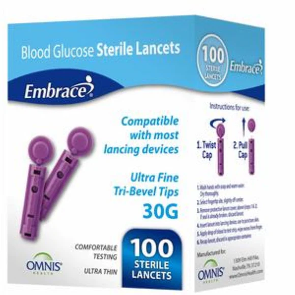 Embrace Ultra Fine Blood Glucose Sterile Lancets, Tri-Bevel Tips, 30G