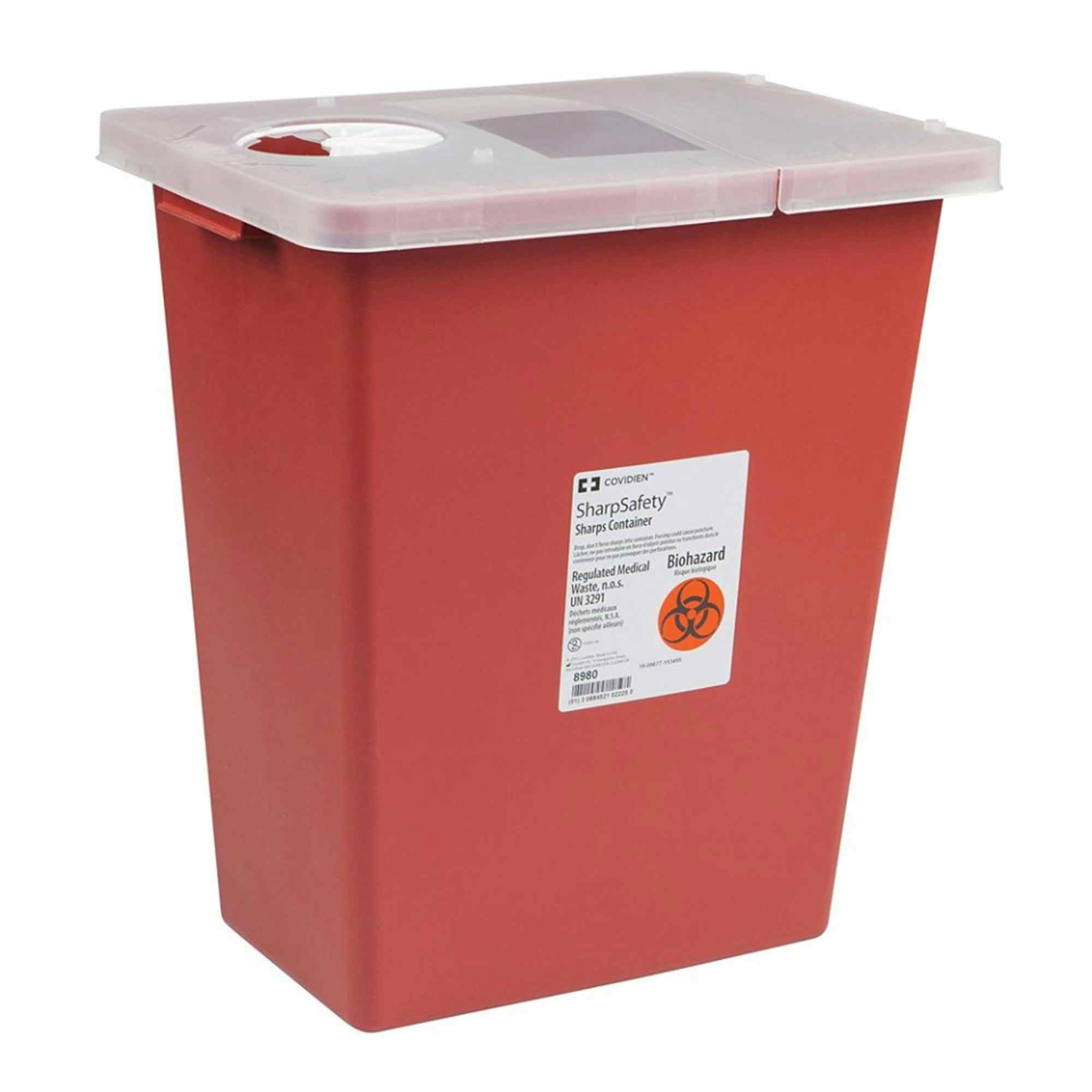 Cardinal SharpSafety Sharps Container, Hinged Lid, 8 gal, 8980-, 1 Each